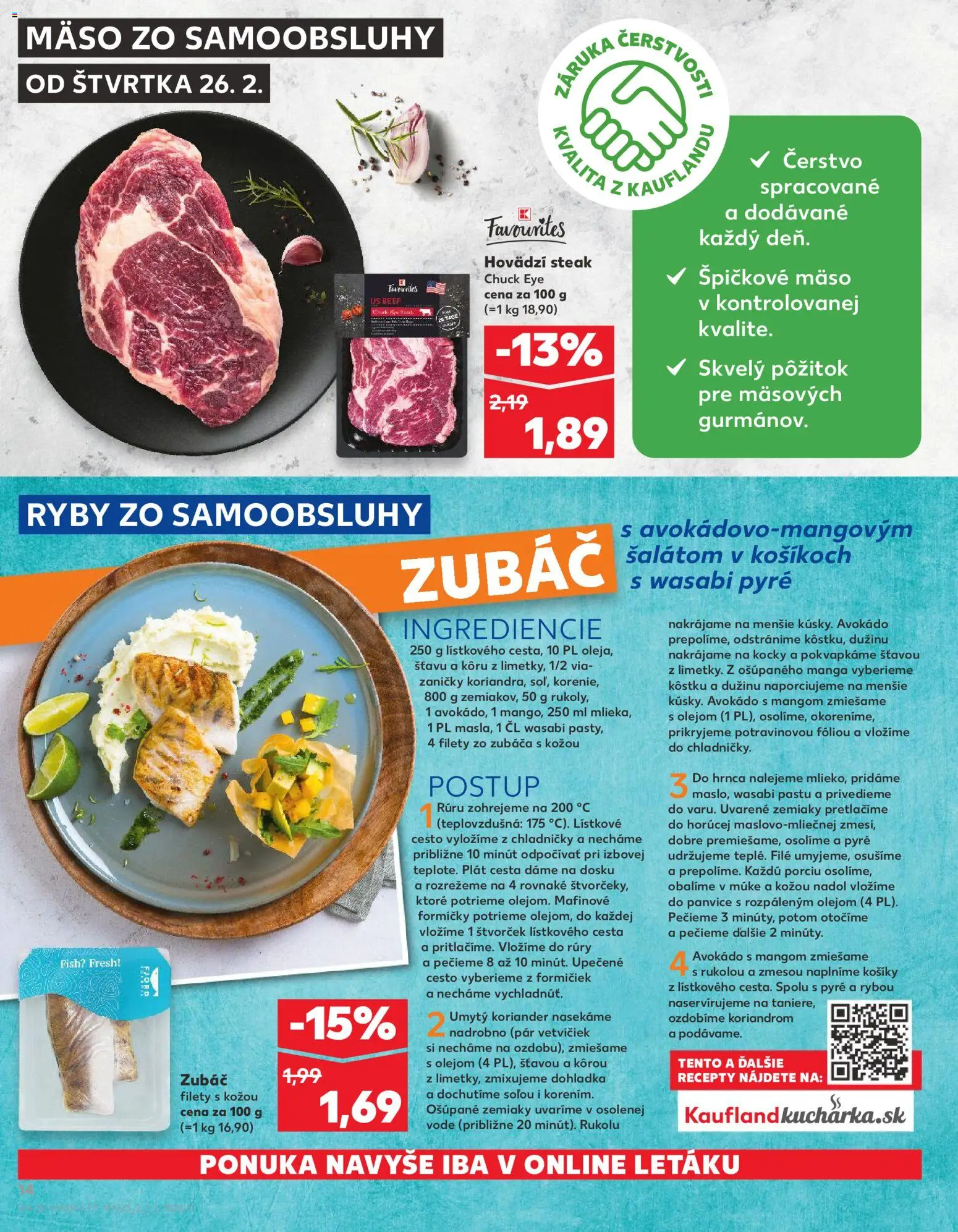 Náhľad Kaufland letáku platného od 26.02.2026 - Mäso, Steak, Avokádo, Ryby, Wasabi, Zemiaky, Cesto, Filé