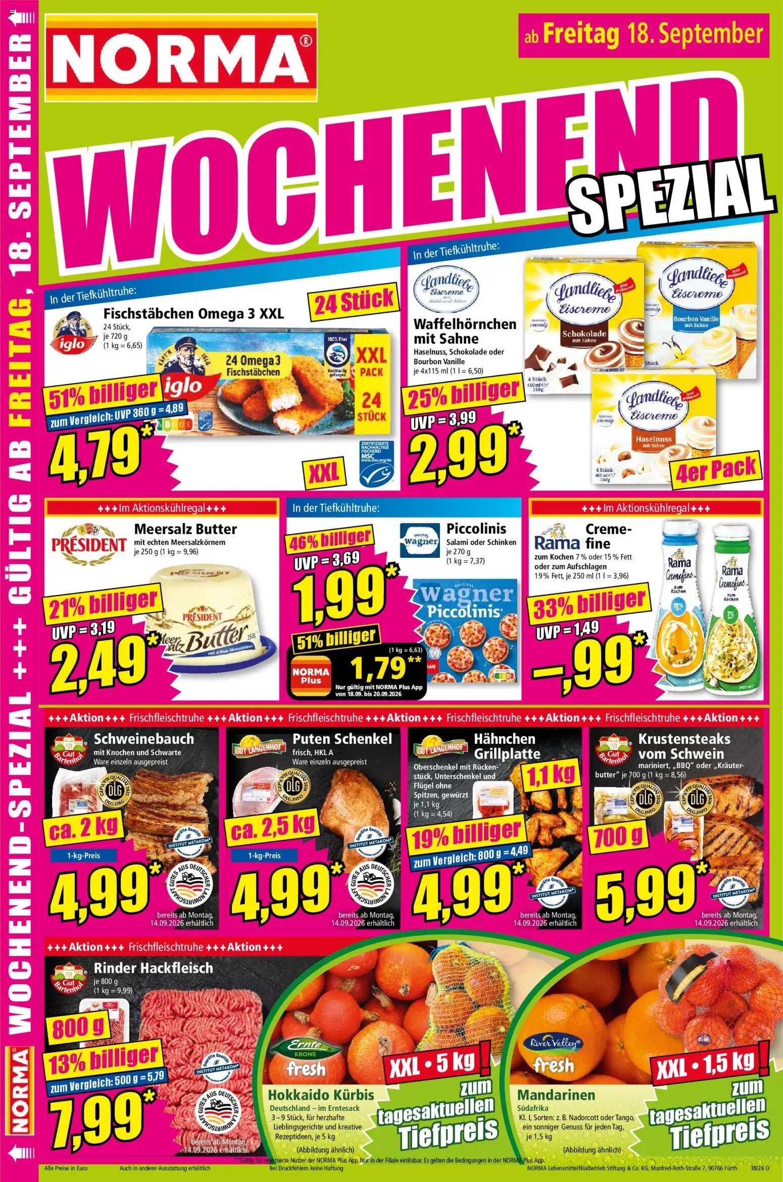 Vorschau von dem Prospekt des Geschäftes Norma, gültig ab dem 14.09.2026 - Schokolade, Hackfleisch, Salami, Vanille, Creme, Bourbon, Iglo, Hahnchen
