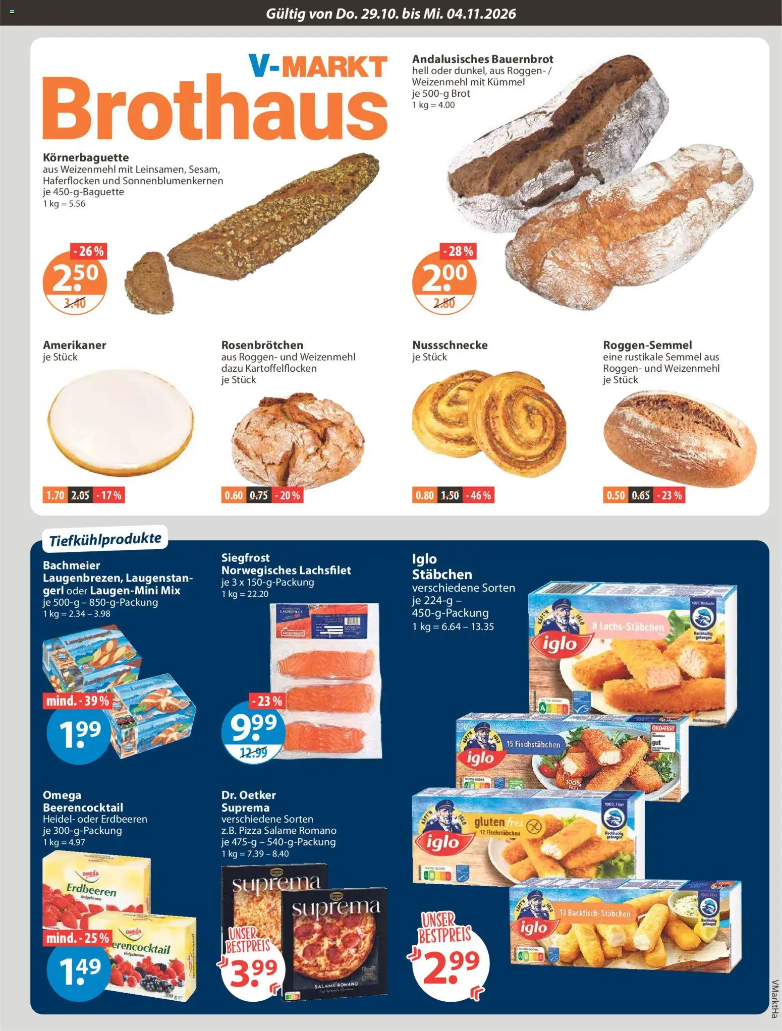 Vorschau von dem Prospekt des Geschäftes V-Markt, gültig ab dem 29.10.2026 - Pizza, Erdbeeren, Brot, Iglo, Weizenmehl, Fischstabchen