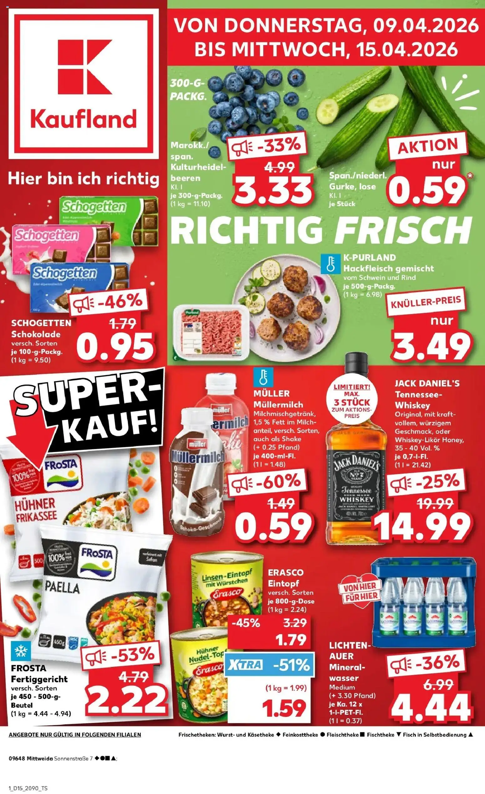 Vorschau von dem Prospekt des Geschäftes Kaufland, gültig ab dem 08.04.2026 - Schokolade, Mineralwasser, Frosta, Whiskey, Müllermilch, Jack Daniel's, Erasco, Muller mullermilch