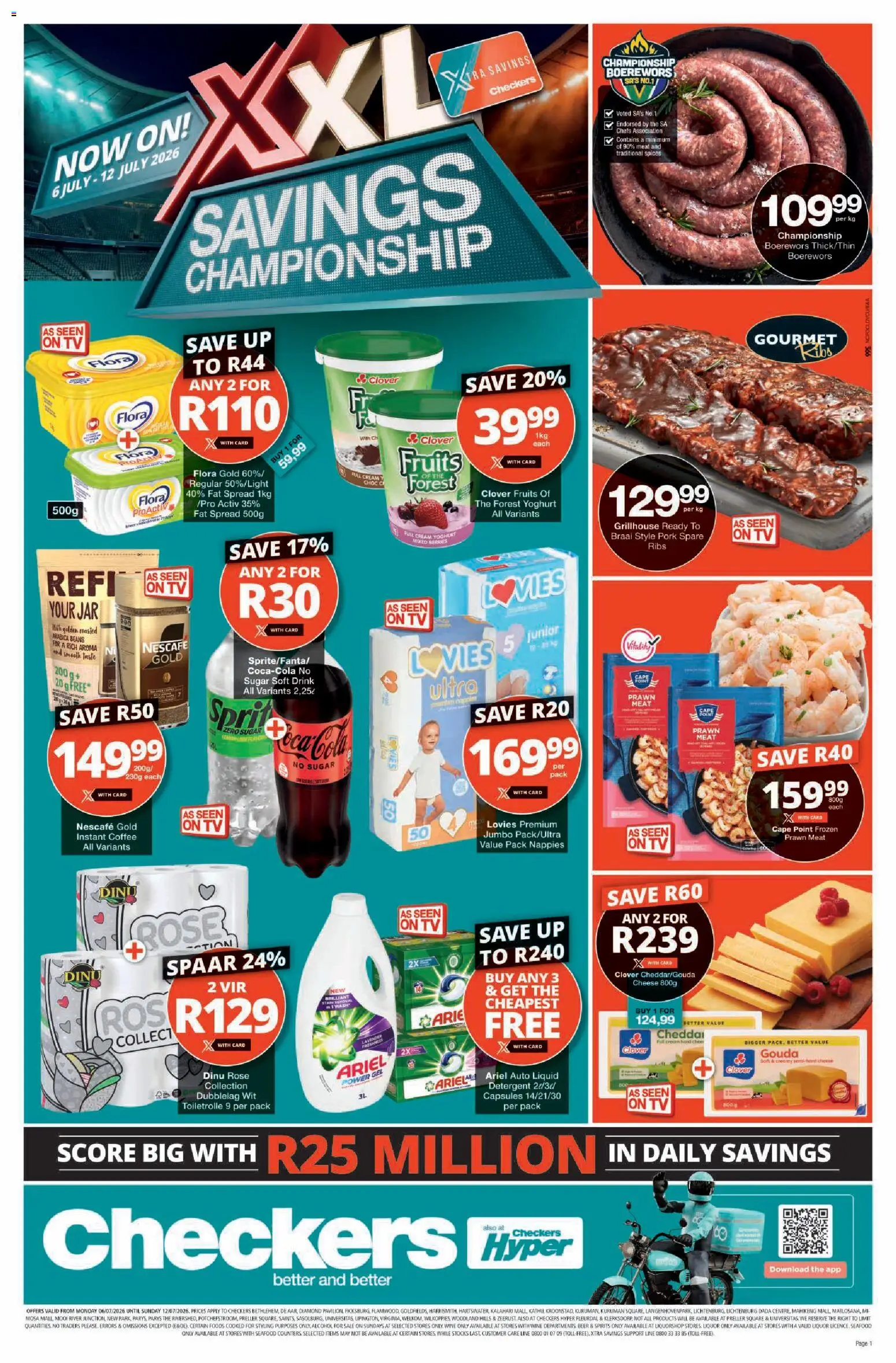 Preview of Checkers flyer valid from 06/07/2026 - Wine, Boerewors, Beer, Beans, Yoghurt, Detergent, Spread, Instant coffee
