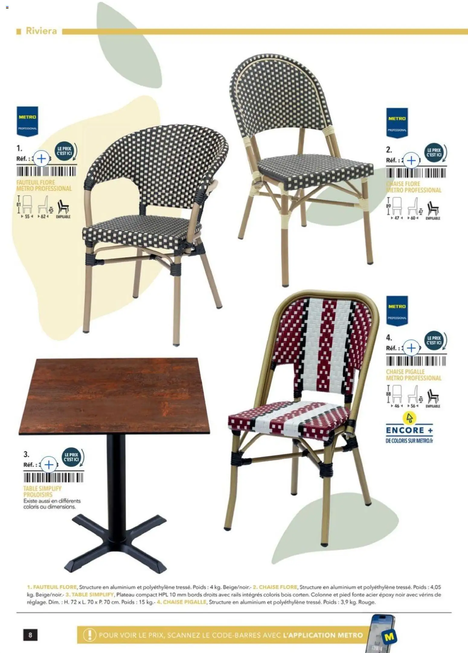 Prévisualisation de Terrasse&salle Collection 2026 du magasin METRO formulaire valide 09/01/2026 - Fauteuil, Chaise, Table, Colonne, Plateau, Poids