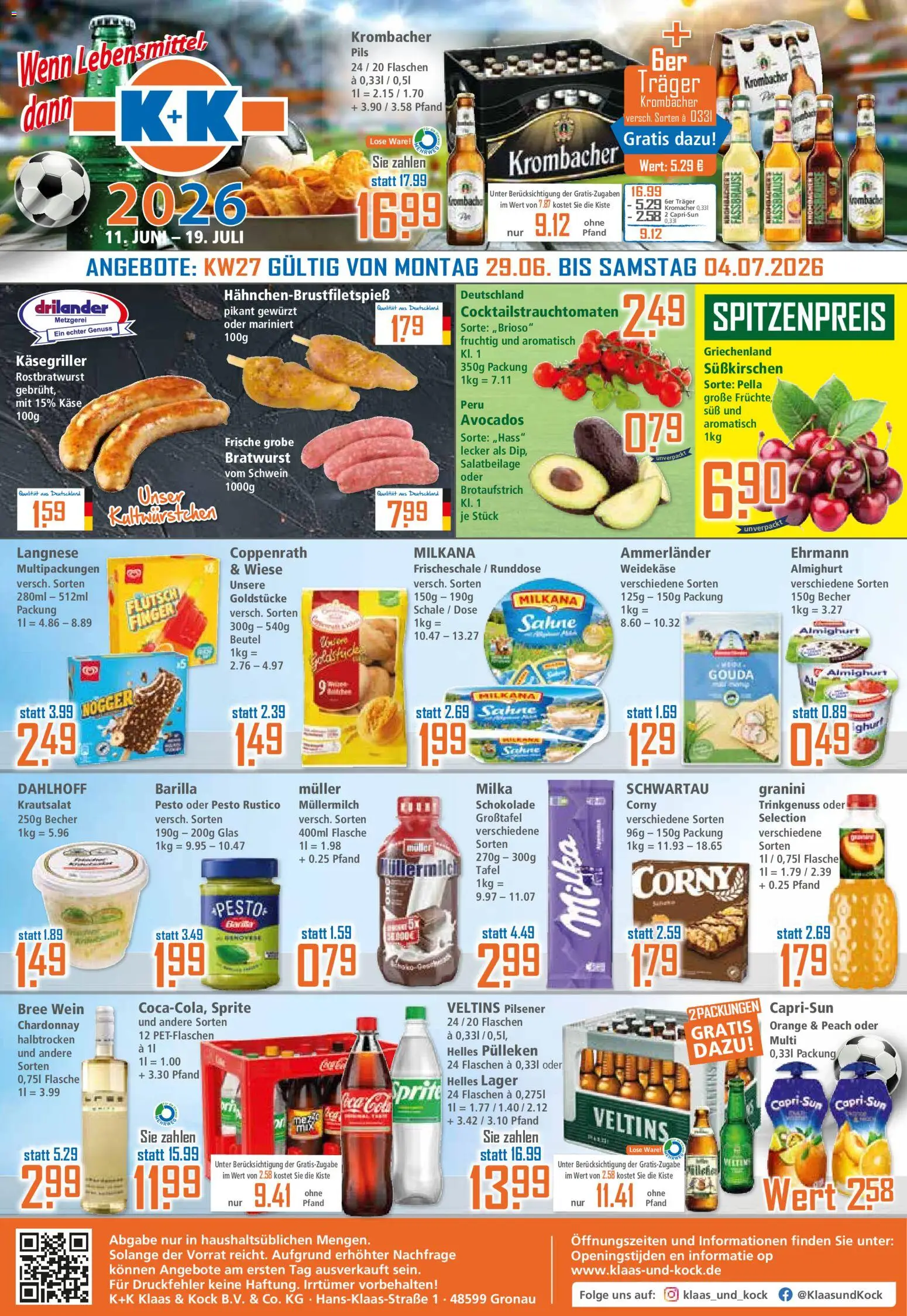 Vorschau von dem Prospekt des Geschäftes Klaas & Kock, gültig ab dem 29.06.2026 - Schokolade, Bratwurst, Veltins, Barilla, Gouda, Granini, Pils, Milkana