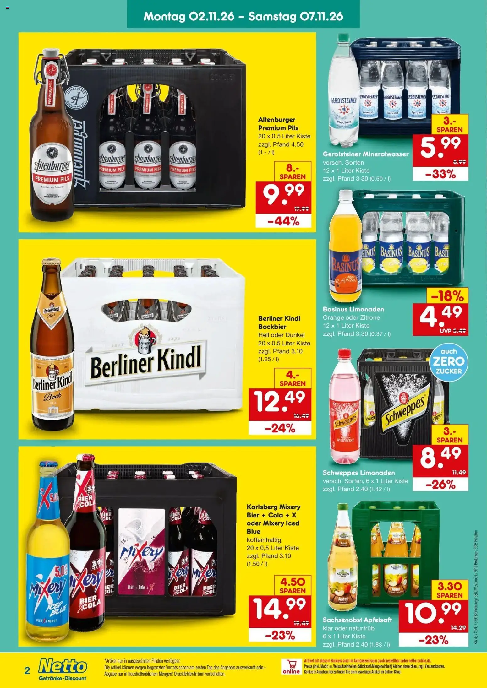 Vorschau von dem Prospekt des Geschäftes Netto Marken-Discount, gültig ab dem 02.11.2026 - Bier, Äpfel, Cola, Gerolsteiner, Zucker, Schweppes, Apfelsaft, Pils