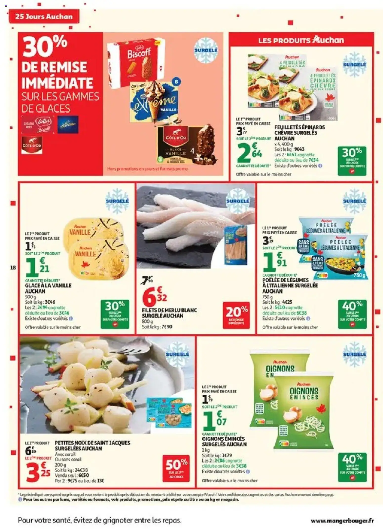 Prévisualisation de Auchan 25 jours 1 supers du magasin Auchan formulaire valide 27/10/2026 - Glace, Oignons, Noix, Glaces, Vanille, Noix de saint jacques, Épinards