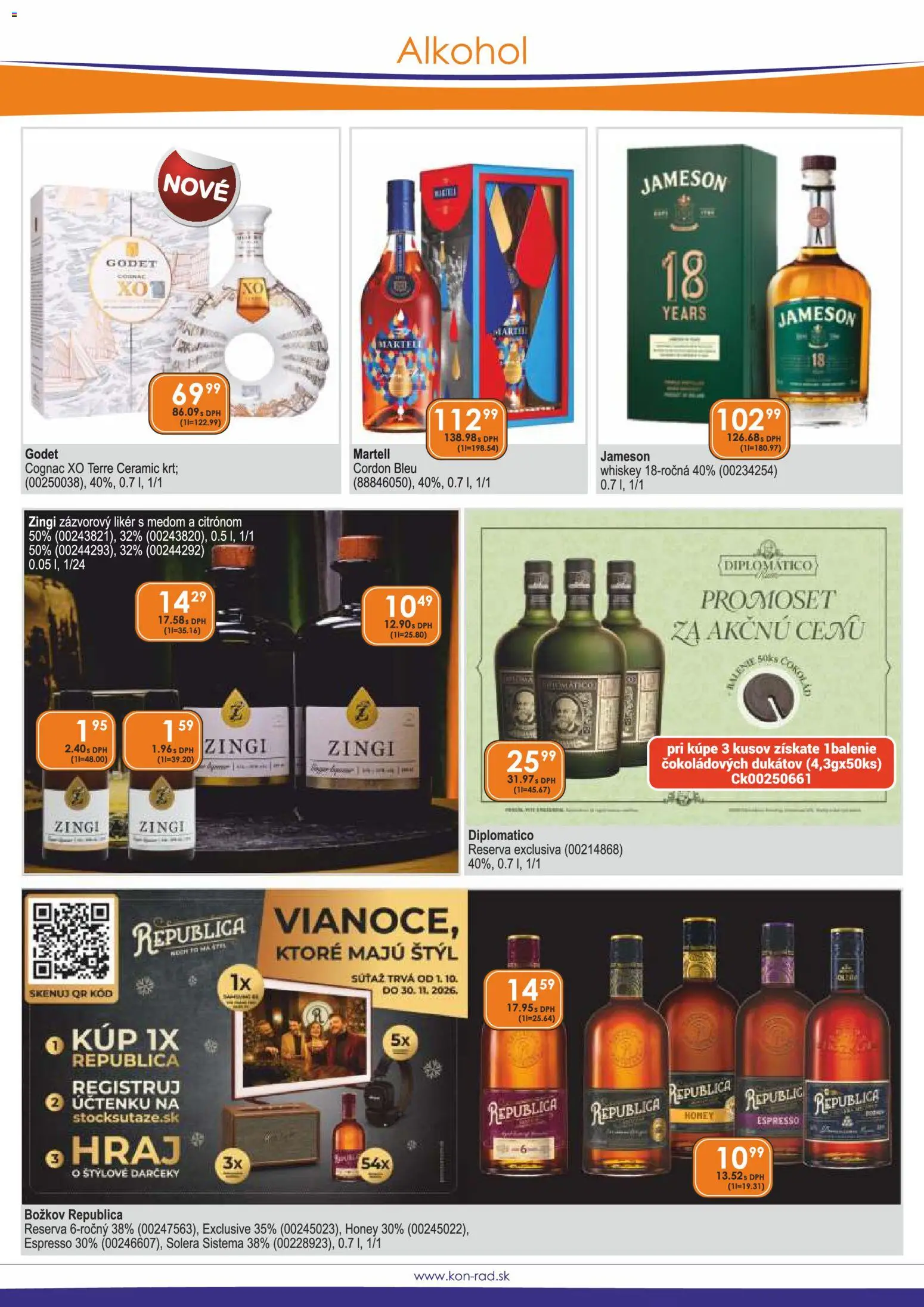 Náhľad KON - RAD letáku platného od 01.10.2026 - Alkohol, Diplomatico, Jameson, Božkov, Republica