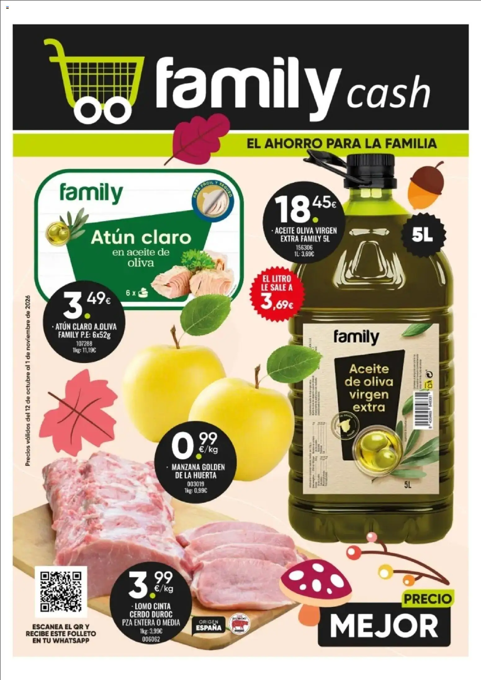 Vista previa del folleto de la tienda Family Cash válido desde el 12/10/2026 - Aceite de oliva, Aceite, Cerdo, Manzana, Aceite de oliva virgen extra, Atún, Lomo, Atún claro