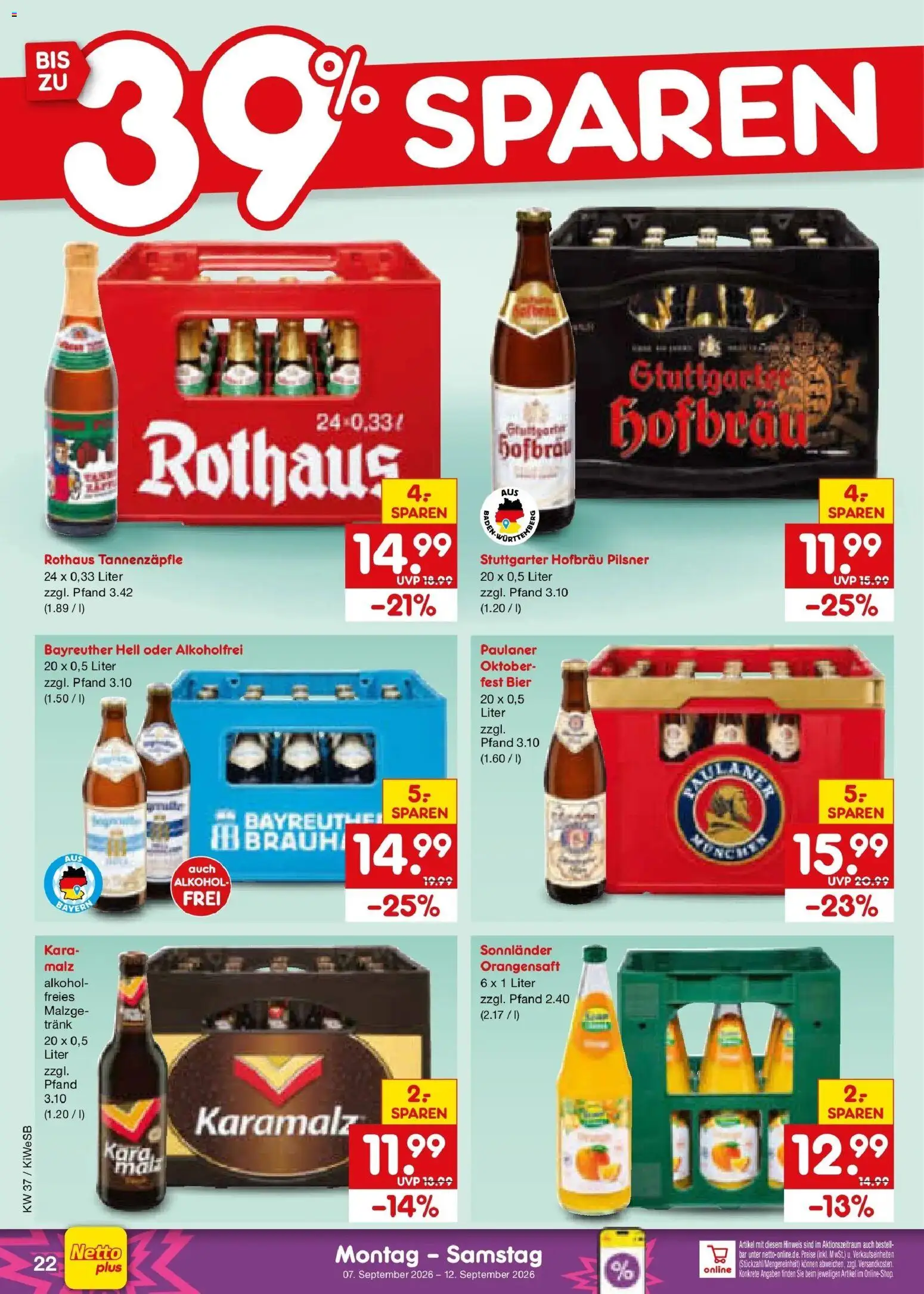 Vorschau von dem Prospekt des Geschäftes Netto Marken-Discount, gültig ab dem 07.09.2026 - Bier, Alkohol, Paulaner, Orangensaft, Bayreuther hell
