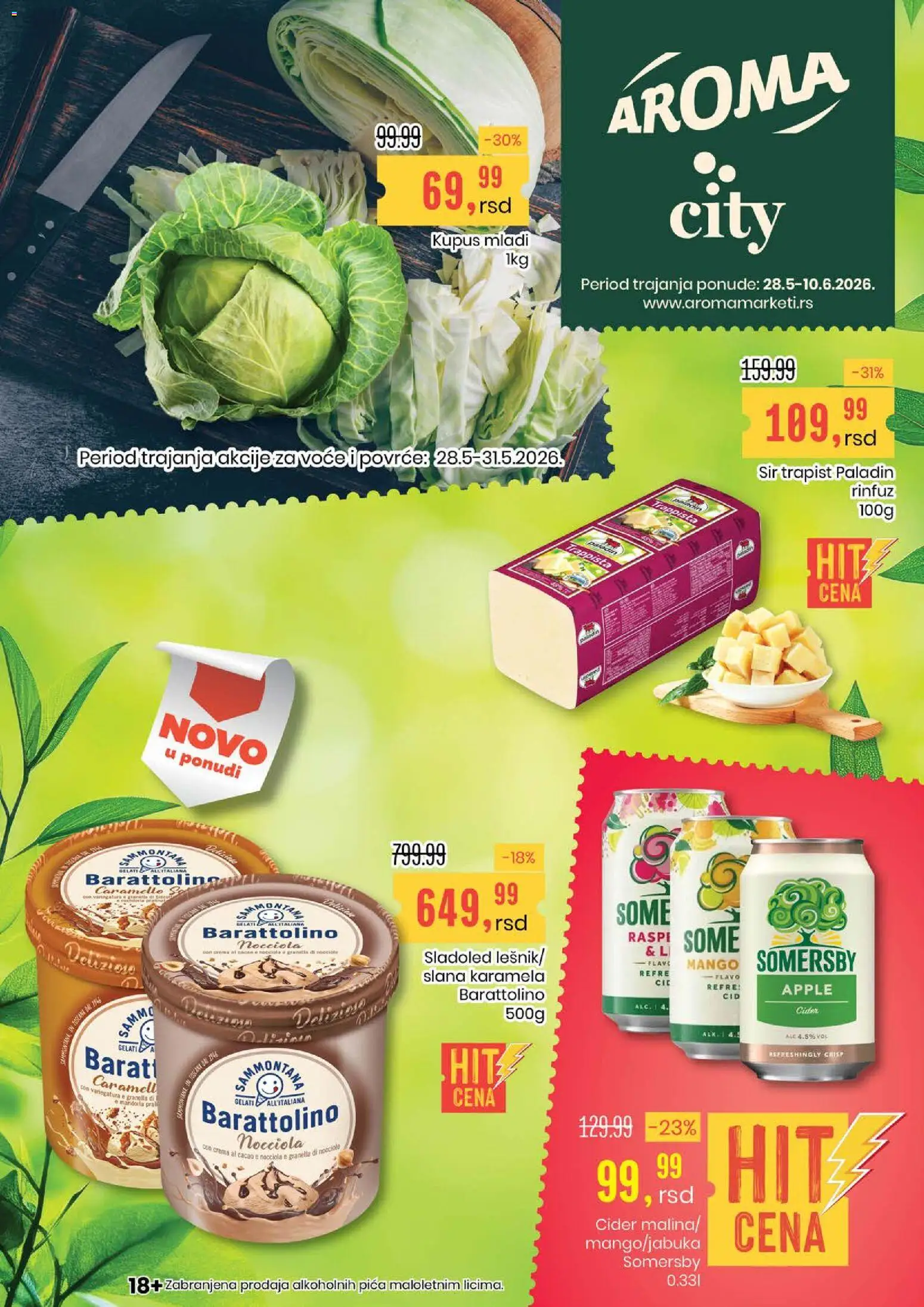 Pregled Aroma Market kataloga - važi od 28.05.2026 - Mango, Somersby, Sladoled, Pica, Kupus, Sir, Cider, Voće