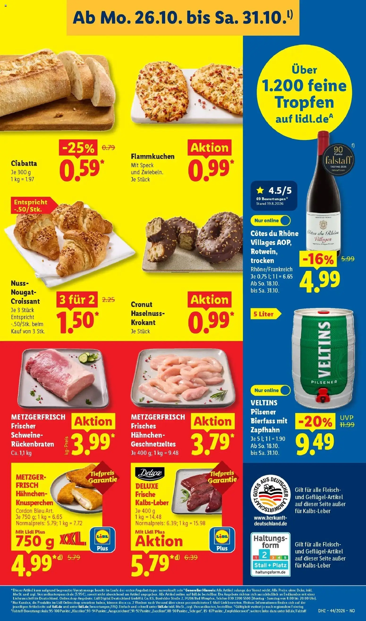 Vorschau von dem Prospekt des Geschäftes Lidl, gültig ab dem 26.10.2026 - Telefon, Bad, Croissant, Fleisch, Veltins, Rotwein, Kalbsleber, Hahnchen