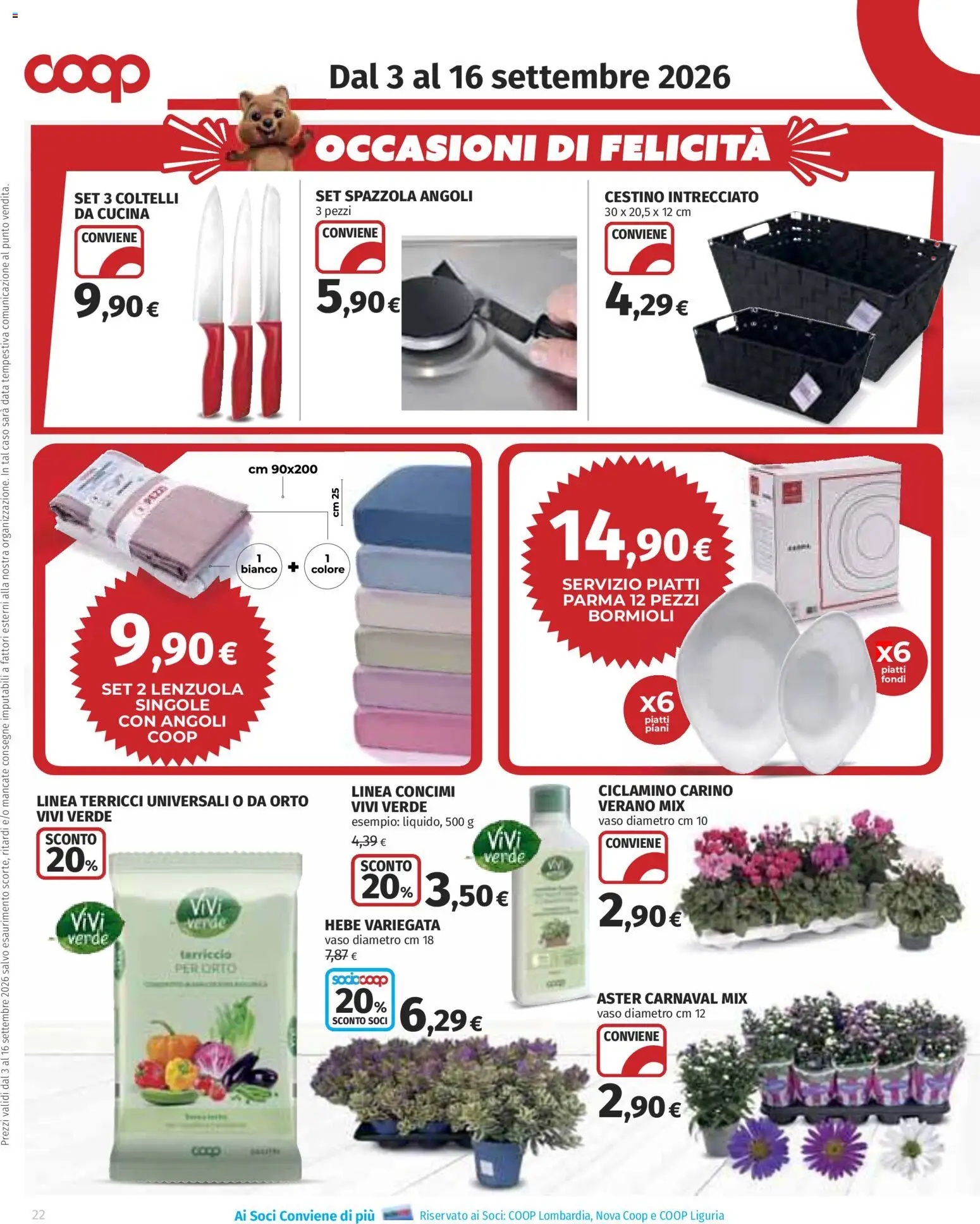 Anteprima dell'opuscolo COOP volantino Superstore Lombardia dal negozio COOP valido da 03/09/2026 - Cestino, Piatti, Lenzuola, Data, Spazzola, Vaso, Terriccio, Coltelli