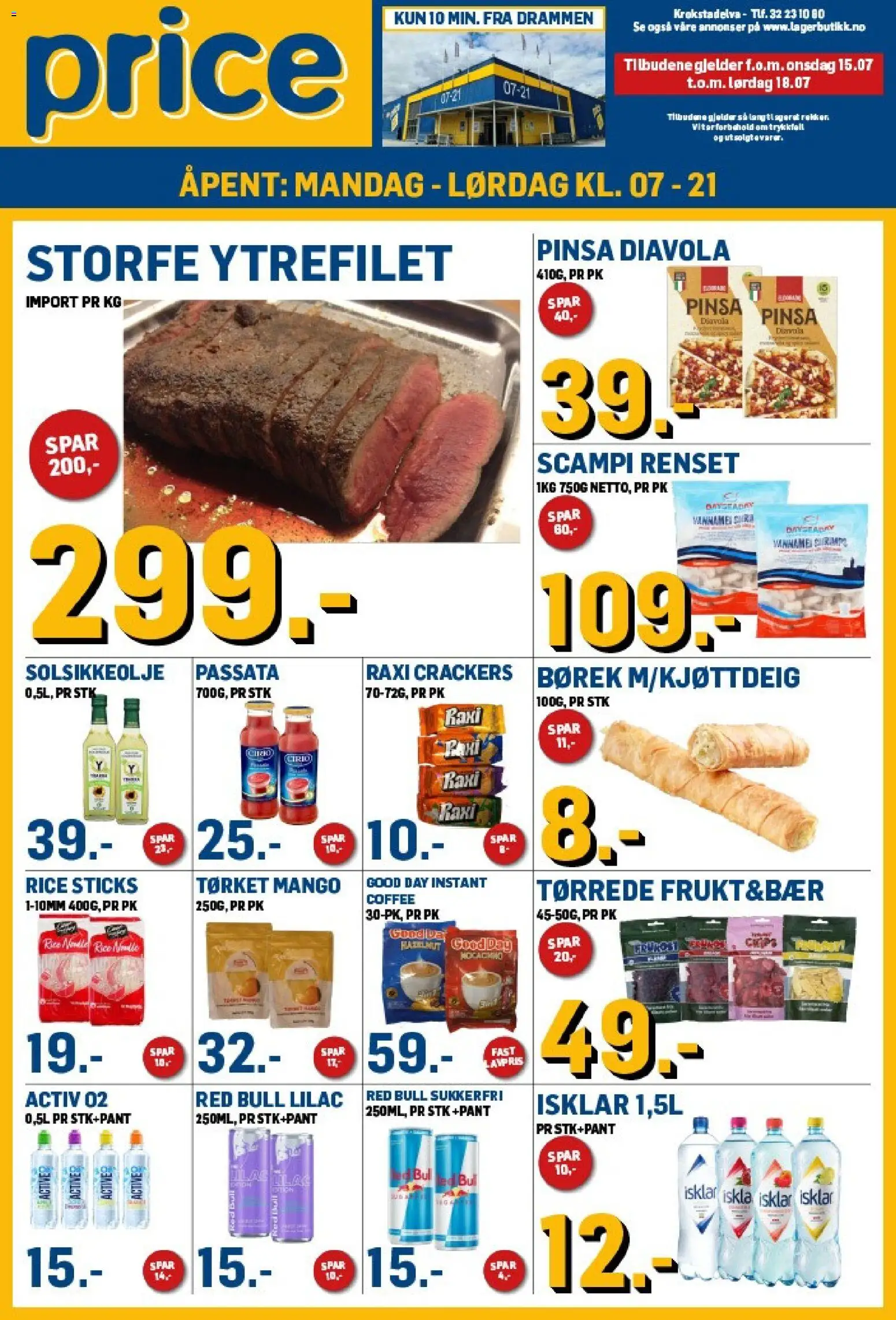 Forhåndsvis Price Lagerbutikk kundeavis fra butikk Price Lagerbutikk gyldig fra 15/07/2026 - Ytrefilet, Red bull, Frukt, Solsikkeolje, Mango, Tørket mango, Scampi