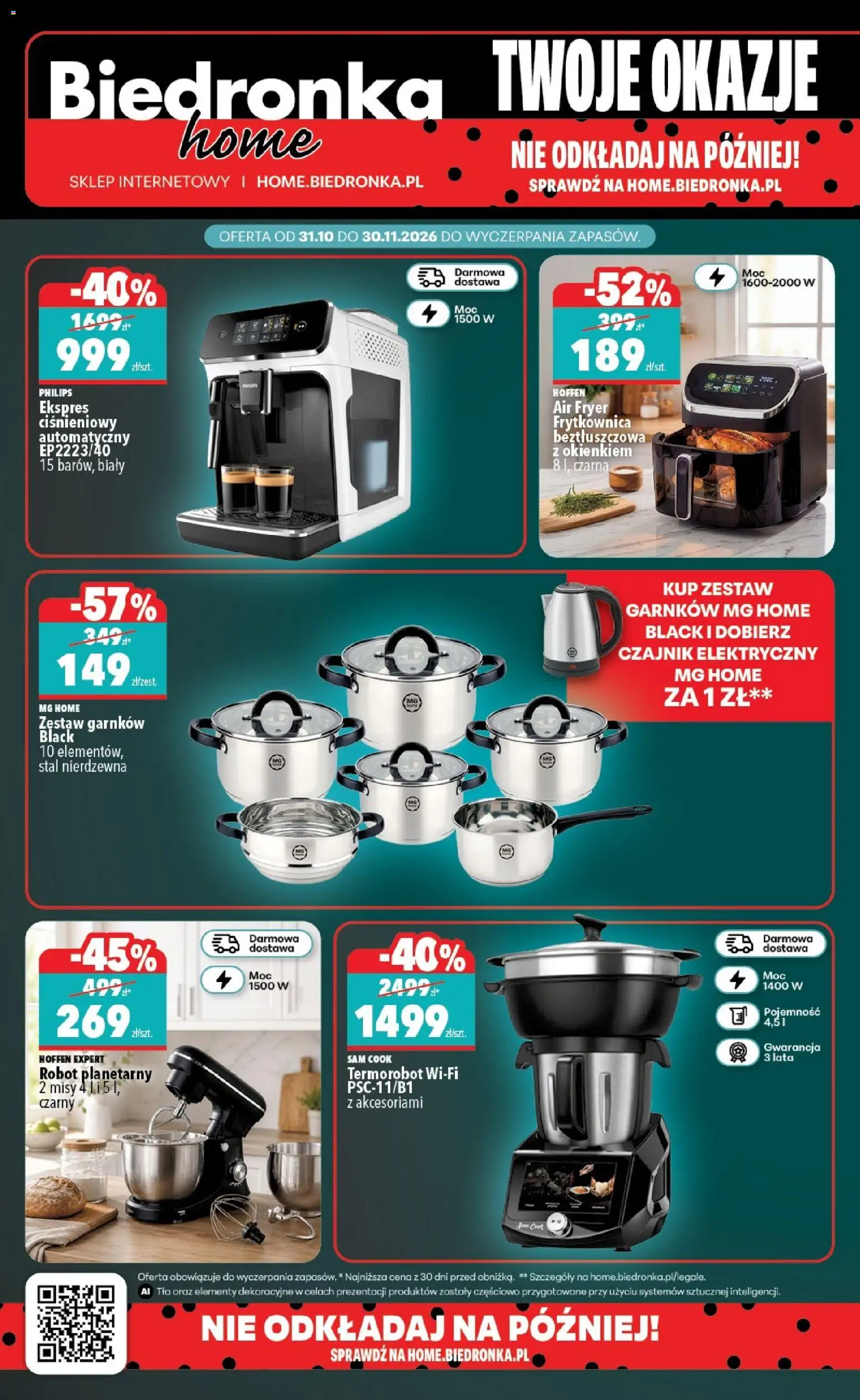 Pogląd gazetki "Biedronka Black Friday" ze sklepu Biedronka ważnej od 31.10.2026 - Frytkownica beztłuszczowa, Czajnik elektryczny, Robot planetarny, Czajnik, Frytkownica, Robot, Ekspres ciśnieniowy