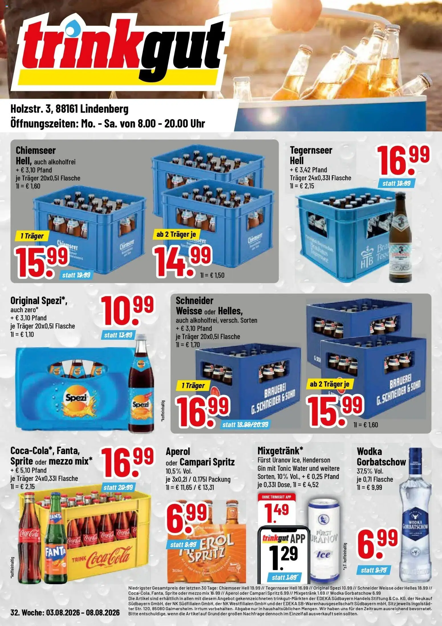 Vorschau von dem Prospekt des Geschäftes Trinkgut, gültig ab dem 03.08.2026 - Uhr, Aperol, Cola, Gin, Campari, Wodka gorbatschow, Mezzo mix, Oder mezzo mix