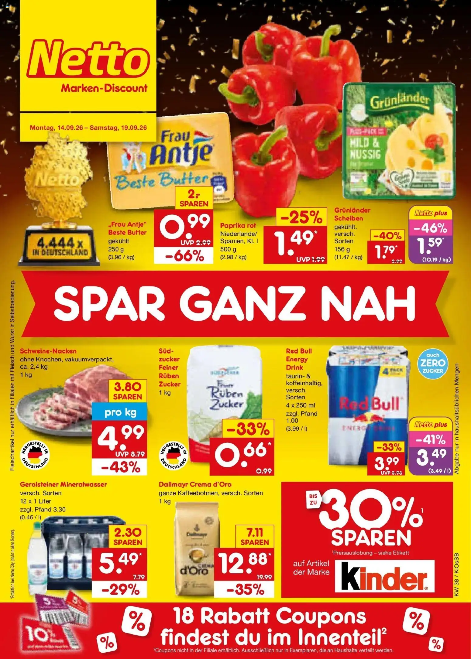 Vorschau von dem Prospekt des Geschäftes Netto Marken-Discount, gültig ab dem 14.09.2026 - Butter, Red bull, Wurst, Mineralwasser, Dallmayr, Zucker, Paprika rot, Grunlander