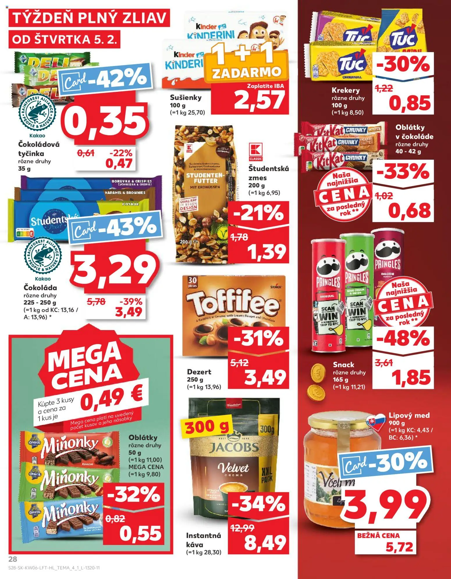 Náhľad Kaufland letáku platného od 05.02.2026 - Brownies, Dezert, Kakao, Toffifee, Instantná káva, Pistácie, Sušienky, Čokoládová tyčinka