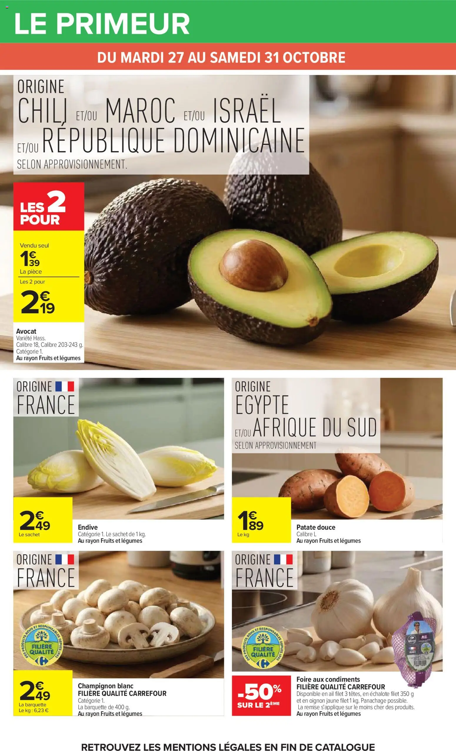 Prévisualisation de Carrefour Vos promos du quotidien du magasin Carrefour formulaire valide 27/10/2026 - Avocat, Fruits, Patate douce, Champignon, Endive, Oignon, Ail, Échalote
