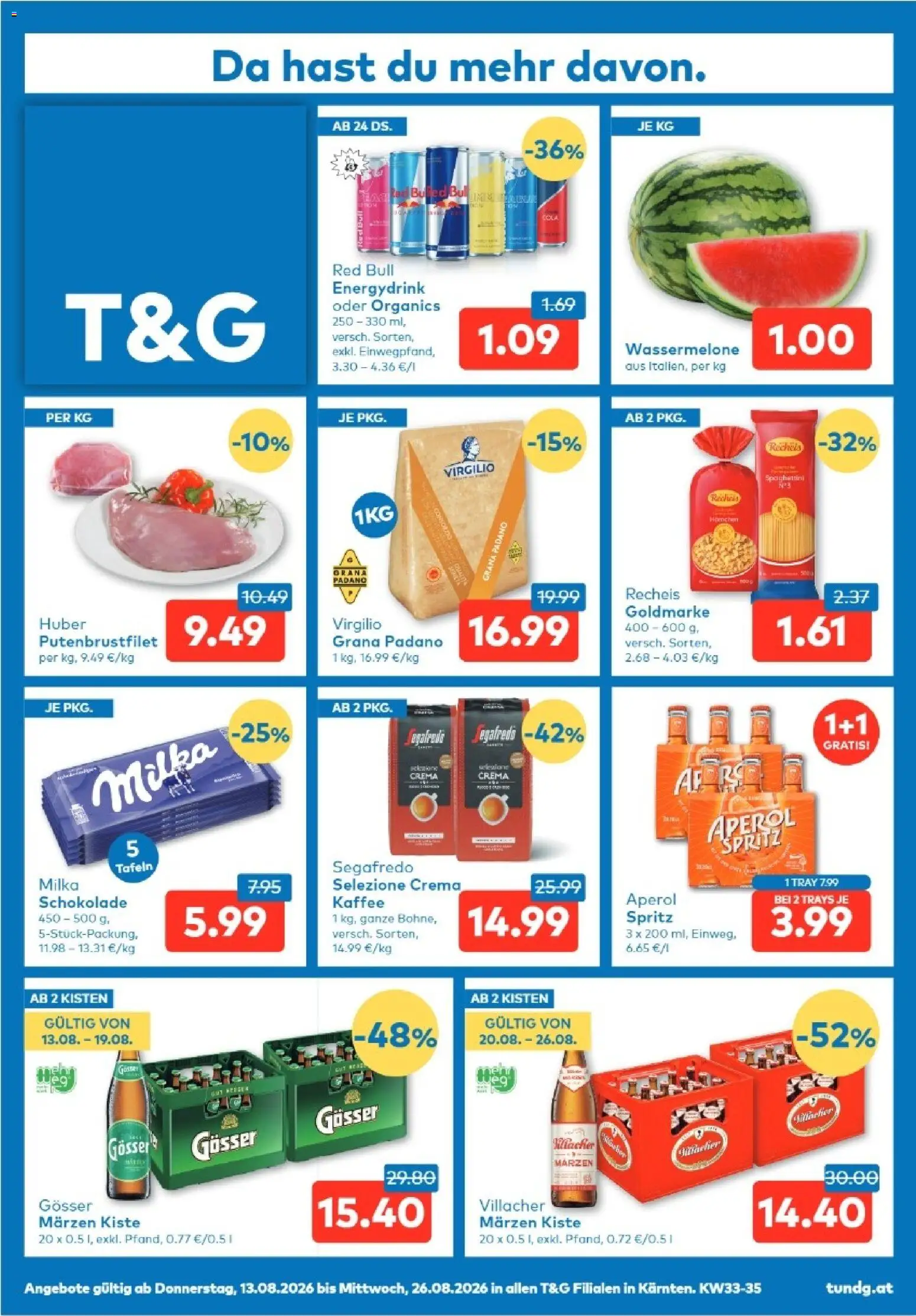 Vorschau der Angebote: T&G T&G Kärnten gültig ab 13.08.2026 - Kaffee, Schokolade, Aperol, Wassermelone