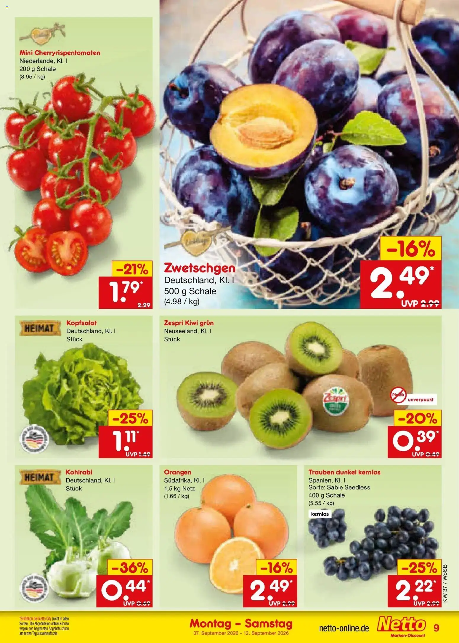 Vorschau von dem Prospekt des Geschäftes Netto Marken-Discount, gültig ab dem 07.09.2026 - Kohlrabi, Kiwi, Trauben, Zwetschgen, Orangen