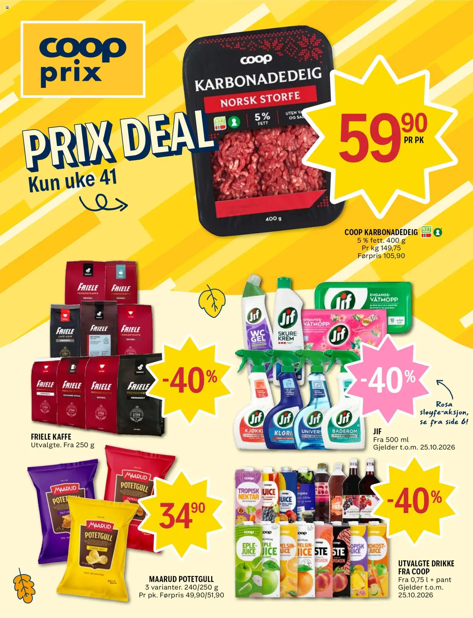 Forhåndsvis Coop Prix kundeavis fra butikk Coop Prix gyldig fra 05/10/2026 - Kaffe, Juice, Karbonadedeig, Krem, Potetgull, Friele kaffe, Salt