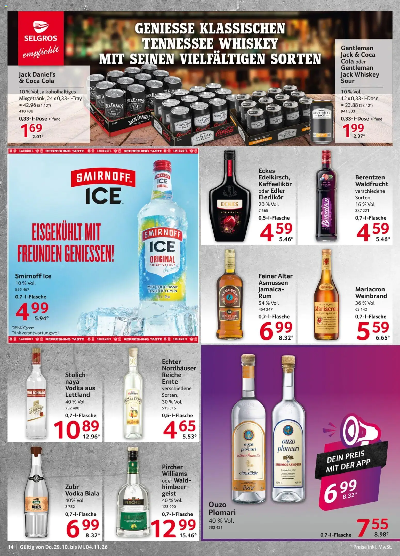 Vorschau von dem Prospekt des Geschäftes Selgros, gültig ab dem 29.10.2026 - Cola, Vodka, Ouzo, Rum, Whiskey, Likör, Jack Daniel's, Ouzo plomari