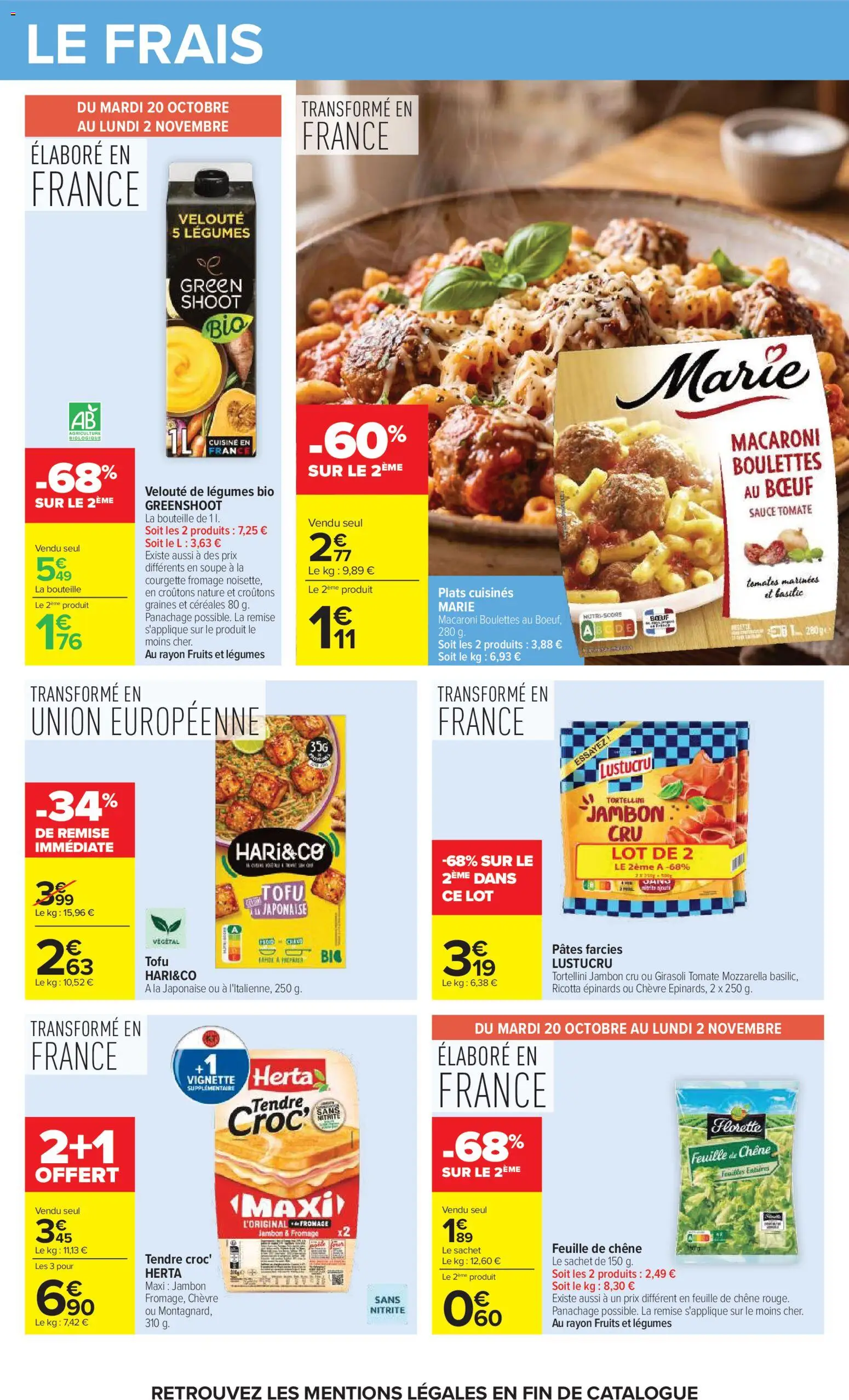 Prévisualisation de Carrefour catalogue du magasin Carrefour formulaire valide 20/10/2026 - Fromage, Courgette, Ricotta, Pâtes, Tomates, Céréales, Macaroni, Plats cuisinés