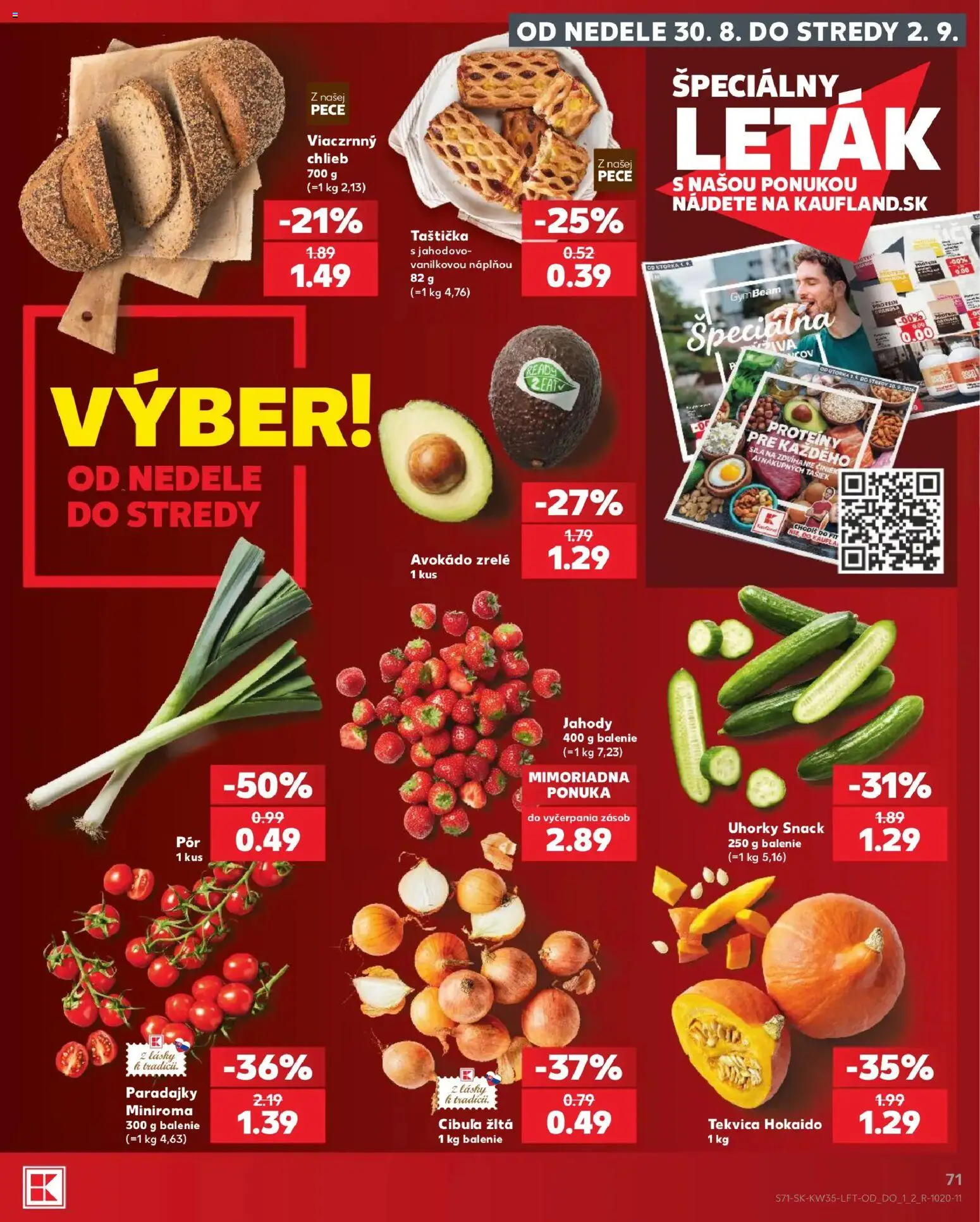 Náhľad Kaufland letáku platného od 27.08.2026 - Protein, Avokádo, Tekvica, Chlieb, Paradajky, Jahody, Cibuľa, Uhorky