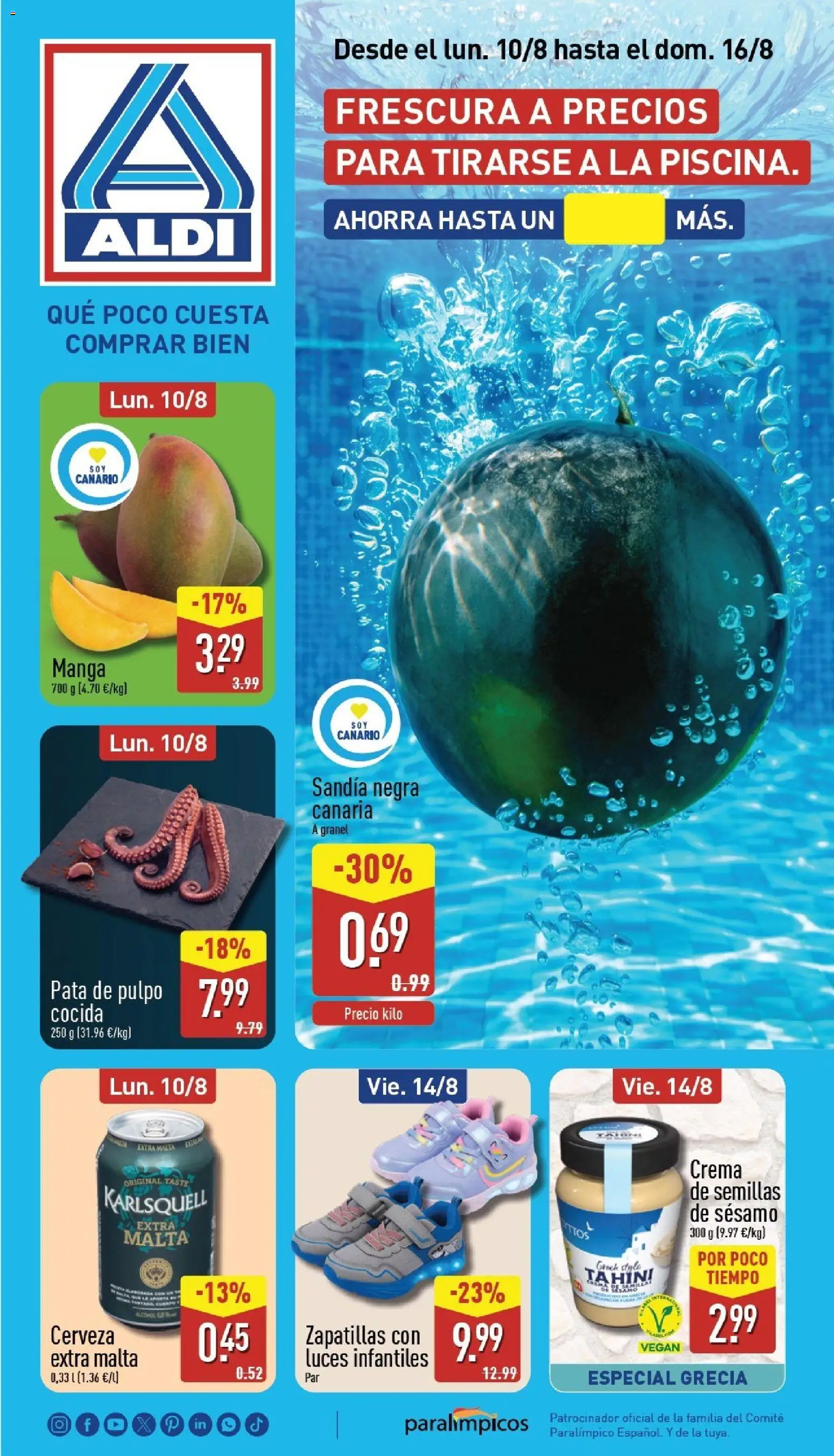 Vista previa del folleto de la tienda Aldi válido desde el 10/08/2026 - Mango, Zapatillas, Cerveza, Tahini, Sandía, Crema, Sésamo, Semillas de sésamo
