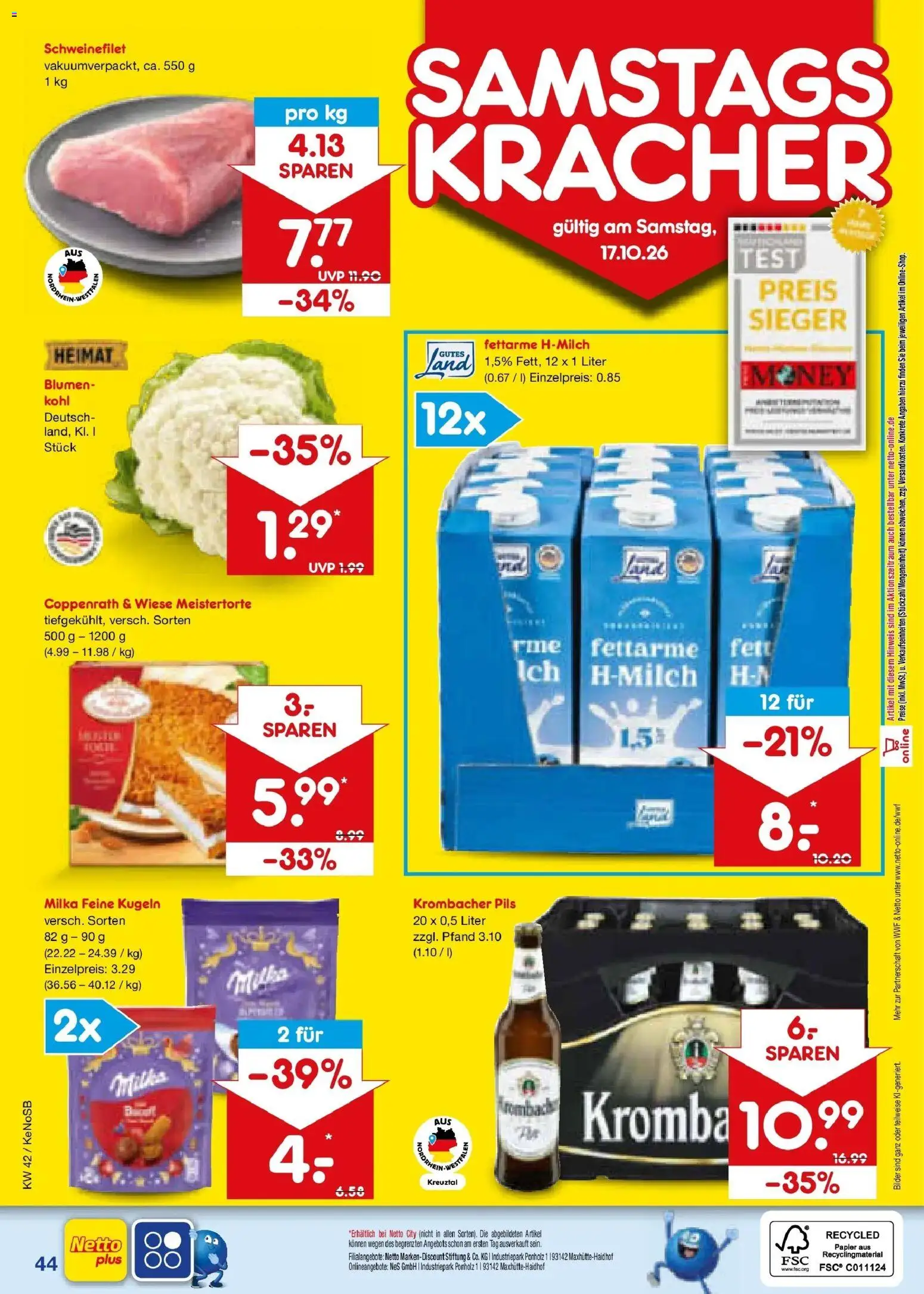 Vorschau von dem Prospekt des Geschäftes Netto Marken-Discount, gültig ab dem 12.10.2026 - Bilder, Blumen, Krombacher, Milka, Schweinefilet, Pils