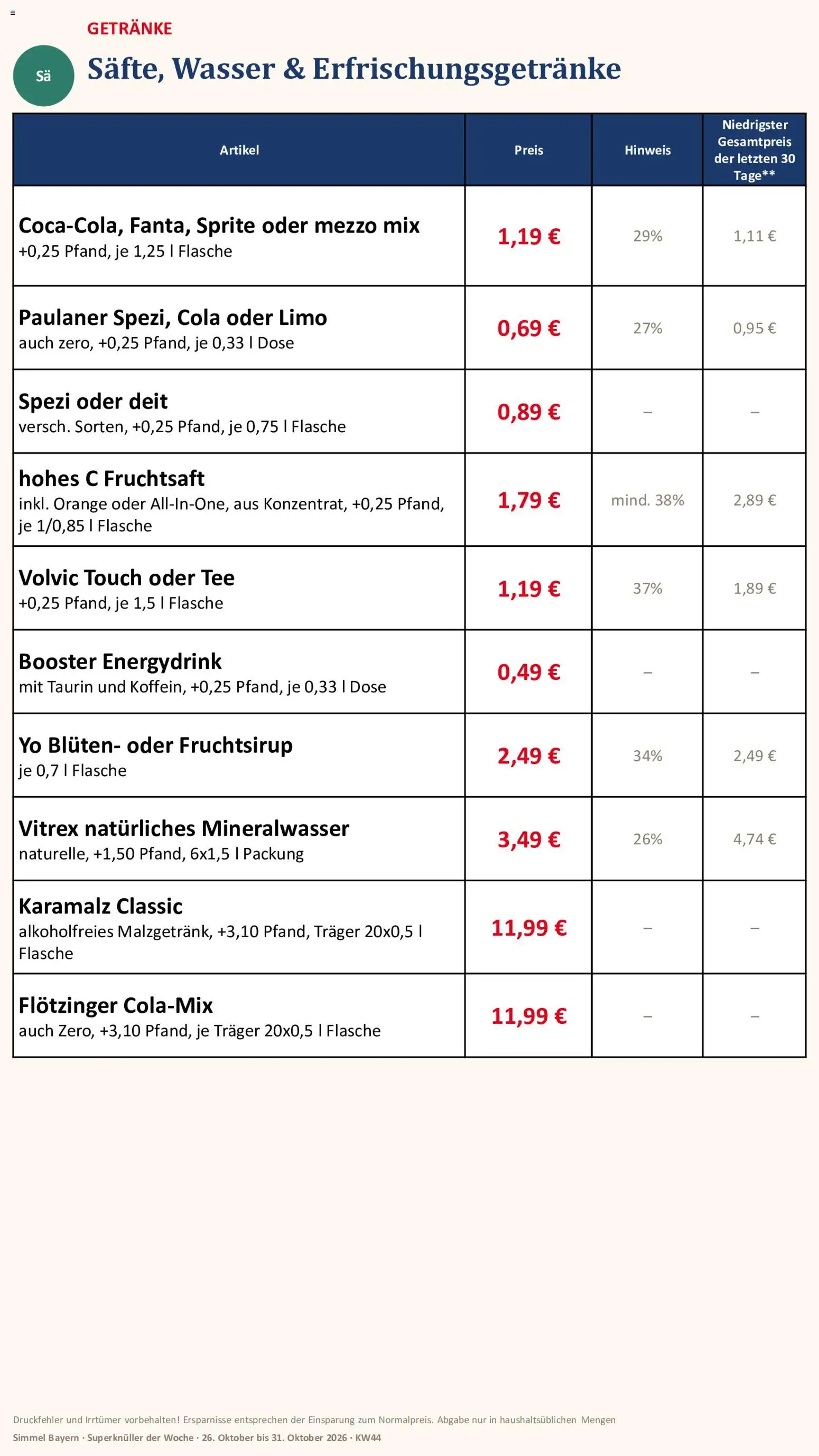 Vorschau von dem Prospekt des Geschäftes Simmel, gültig ab dem 26.10.2026 - Wasser, Mineralwasser, Sprite, Volvic, Hohes c, Volvic touch, Fruchtsaft, Oder mezzo mix