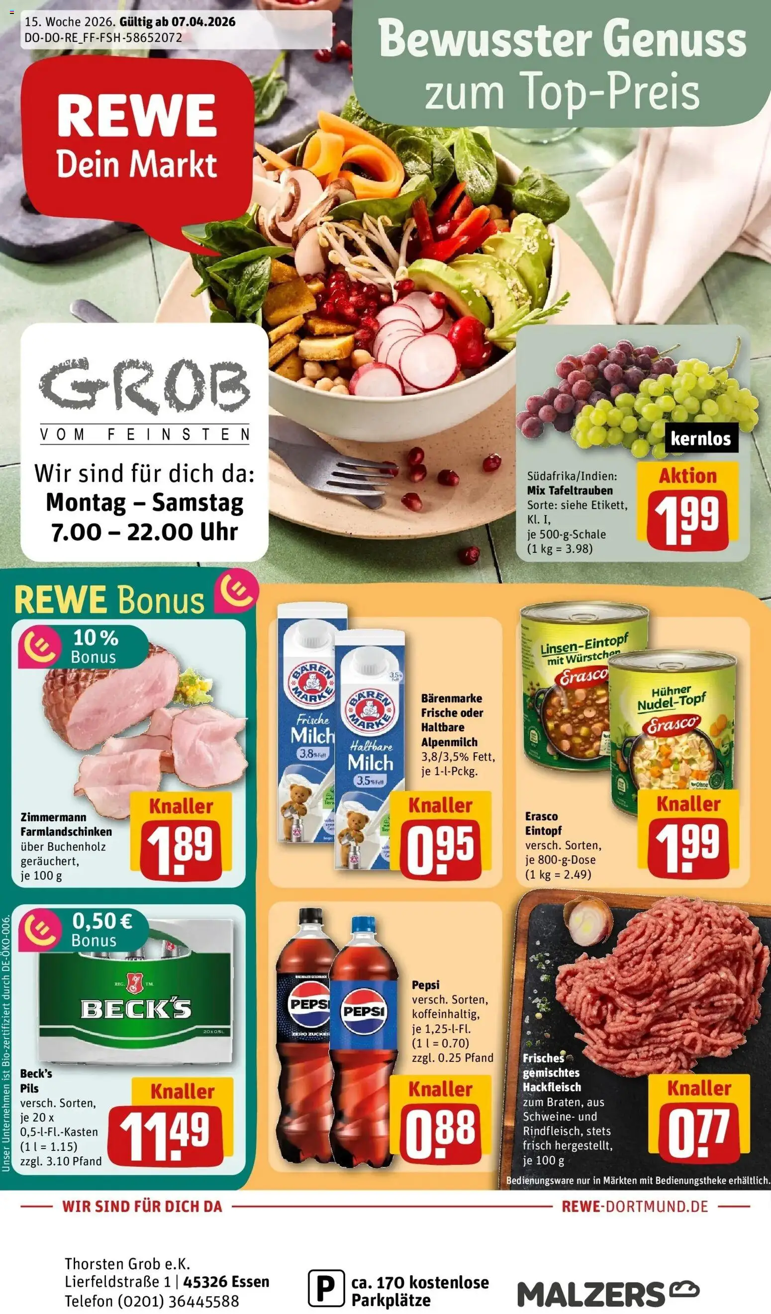 Vorschau von dem Prospekt des Geschäftes Rewe, gültig ab dem 05.04.2026 - Uhr, Telefon, Cola, Milch, Hackfleisch, Pepsi, Pils, Erasco