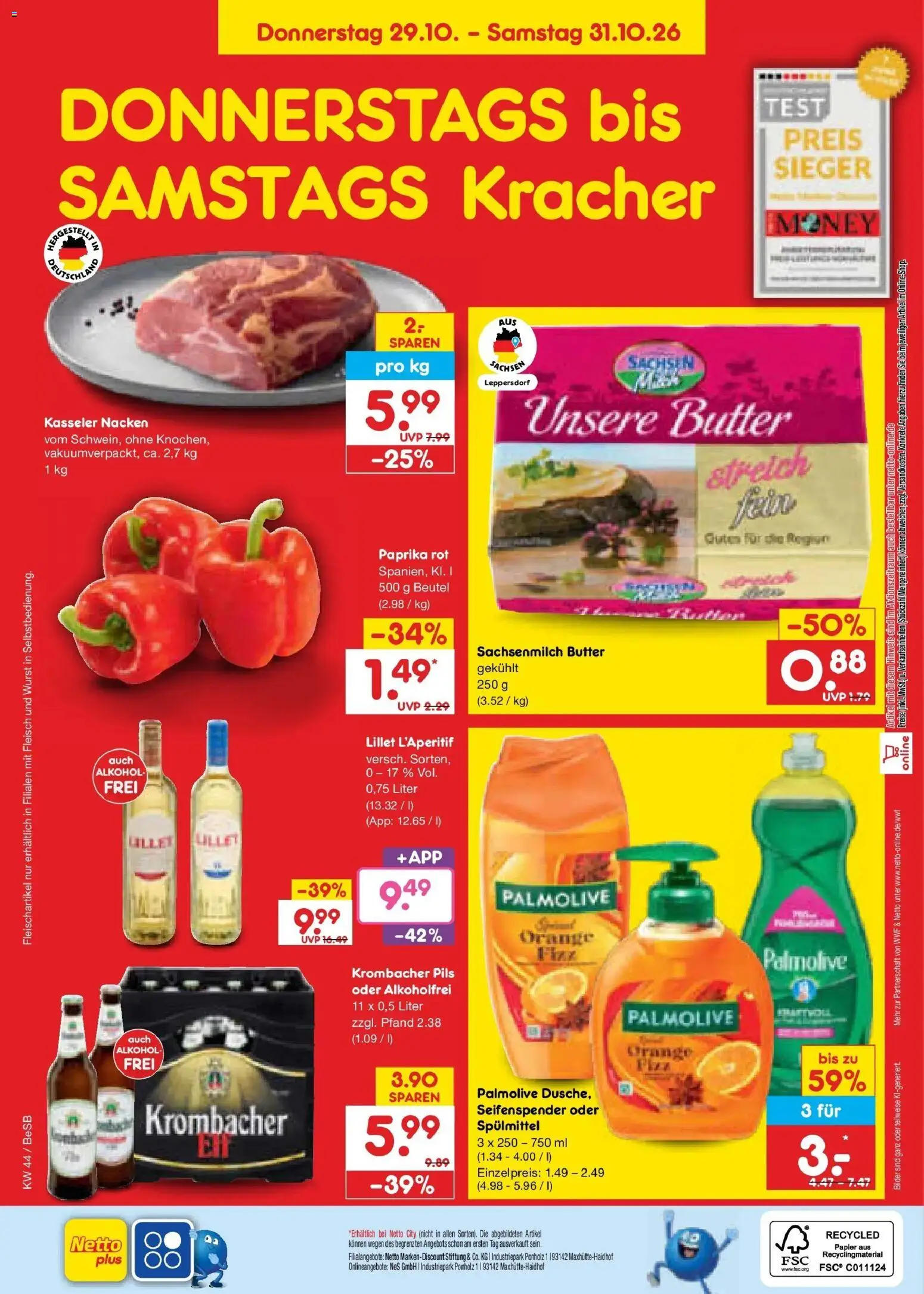 Vorschau von dem Prospekt des Geschäftes Netto Marken-Discount, gültig ab dem 28.10.2026 - Bilder, Lillet, Butter, Wurst, Krombacher, Seifenspender, Pils, Paprika rot