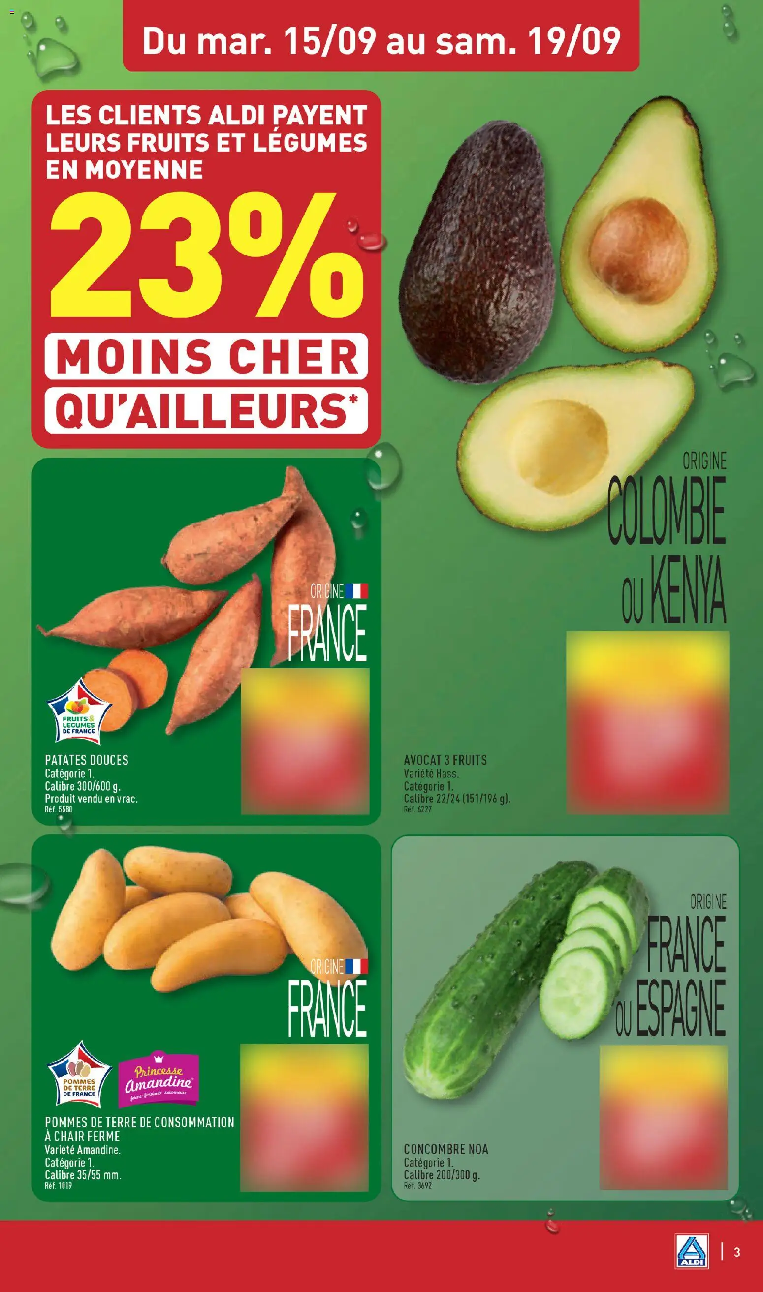 Prévisualisation de Aldi catalogue du magasin Aldi formulaire valide 15/09/2026 - Avocat, Fruits, Patates douces, Concombre, Pommes de terre, Pommes, Avocats
