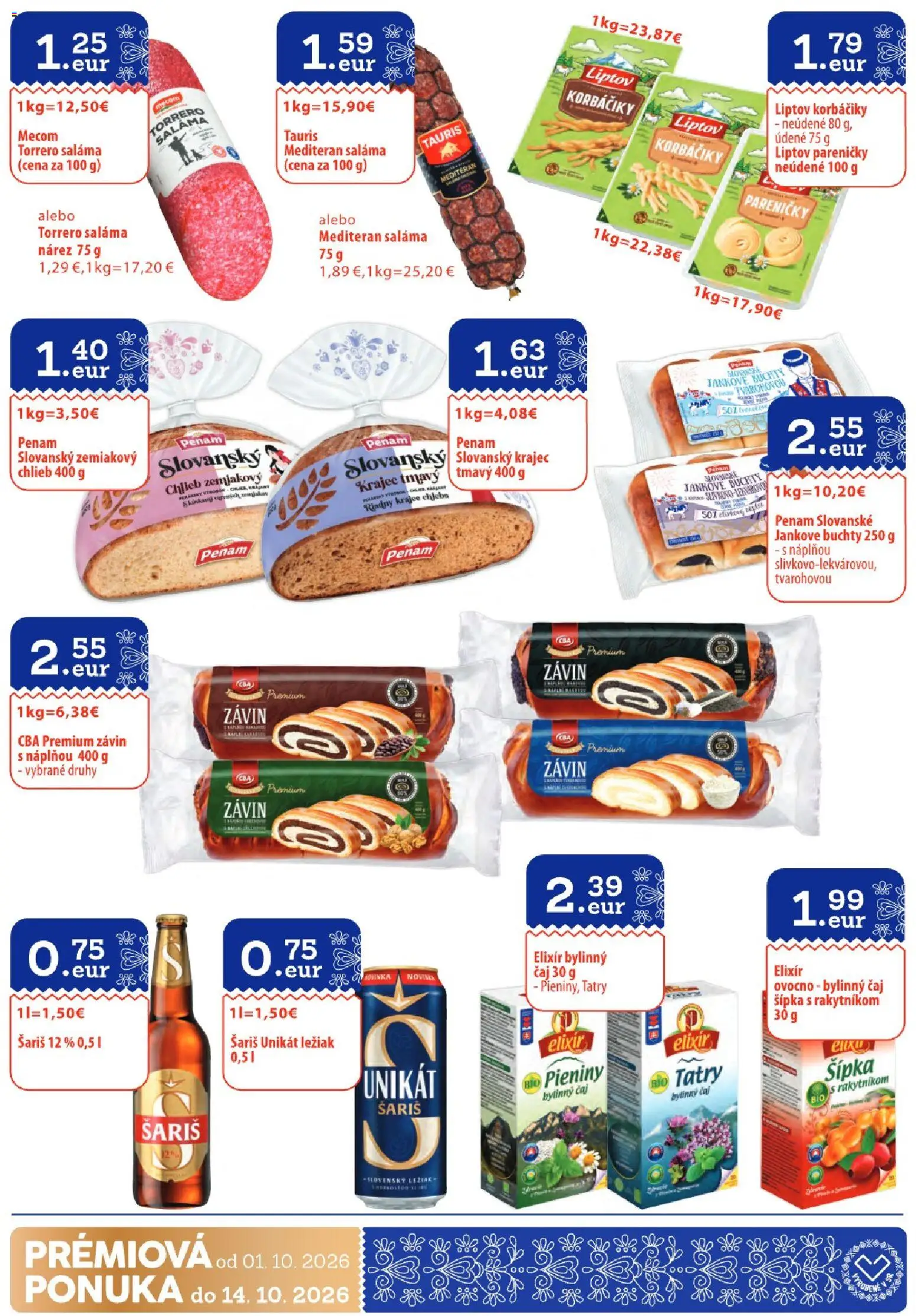 Náhľad KARMEN CBA letáku platného od 01.10.2026 - Chlieb, Čaj, Závin, Šariš, Saláma, Korbáčiky, Bylinný čaj
