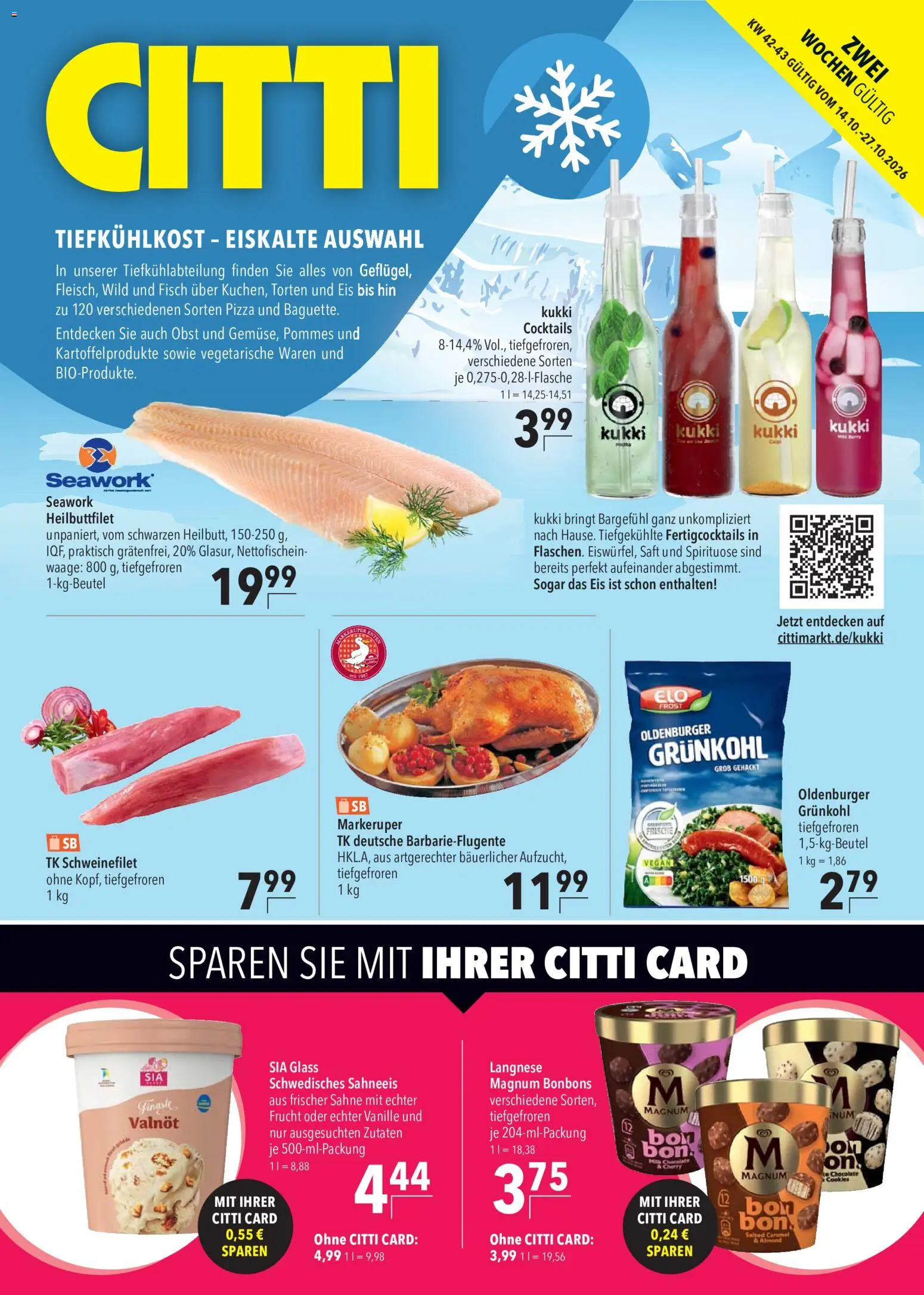 Vorschau von dem Prospekt des Geschäftes CITTI Markt, gültig ab dem 14.10.2026 - Pizza, Pommes, Obst, Schweinefilet, Sahne, Vanille, Langnese, Saft