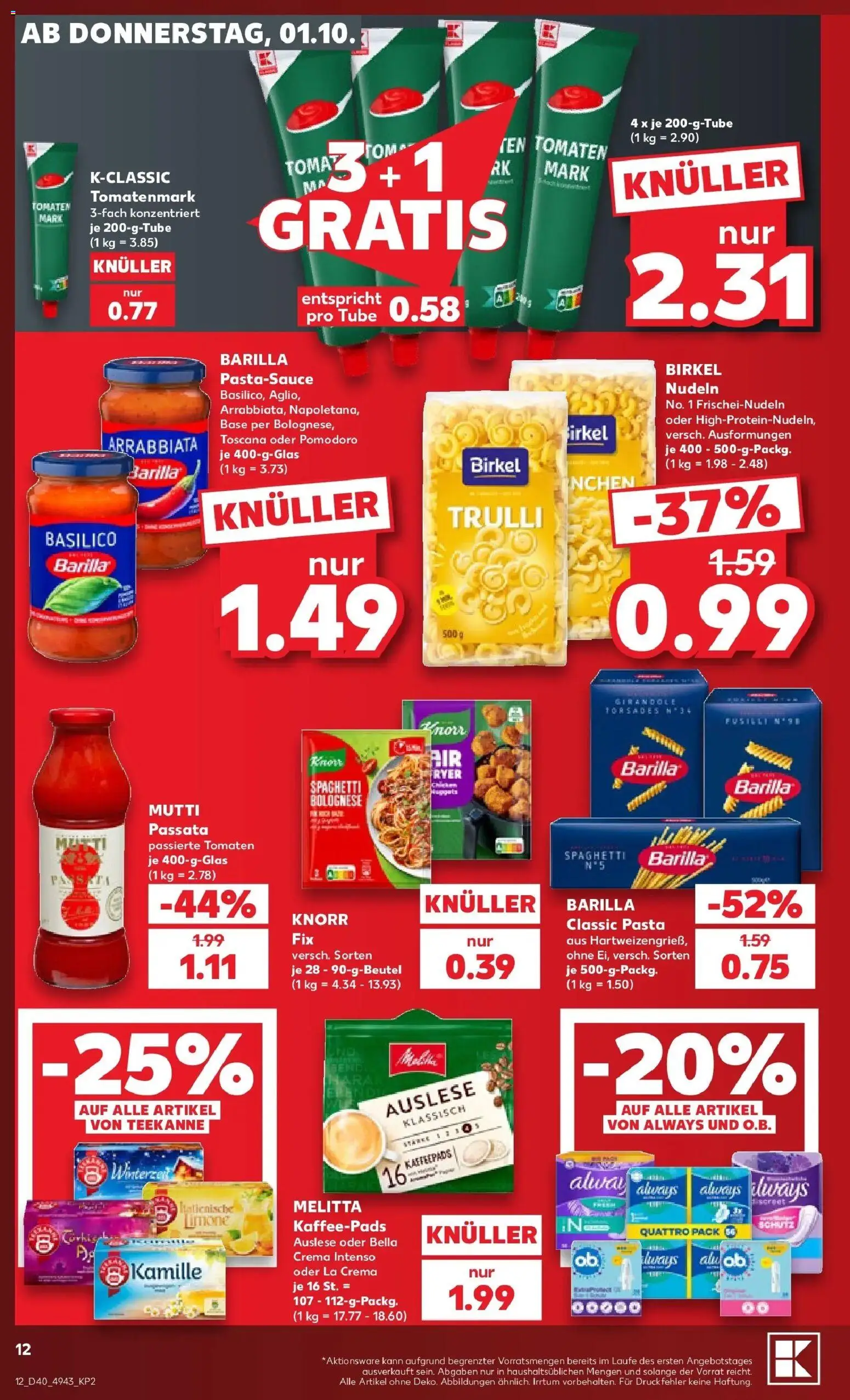 Vorschau von dem Prospekt des Geschäftes Kaufland, gültig ab dem 01.10.2026 - Spaghetti, Teekanne, Nudeln, Barilla, Tomaten, Melitta, Knorr, Kaffeepads
