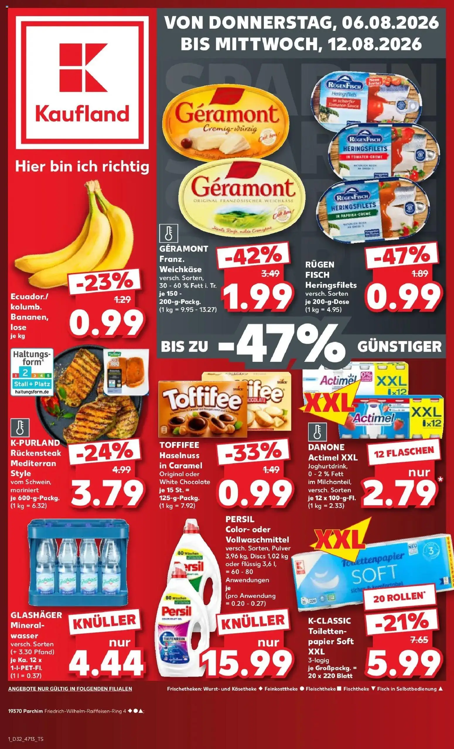 Vorschau von dem Prospekt des Geschäftes Kaufland, gültig ab dem 06.08.2026 - Wasser, Fisch, Wurst, Toffifee, Actimel, Persil, Geramont