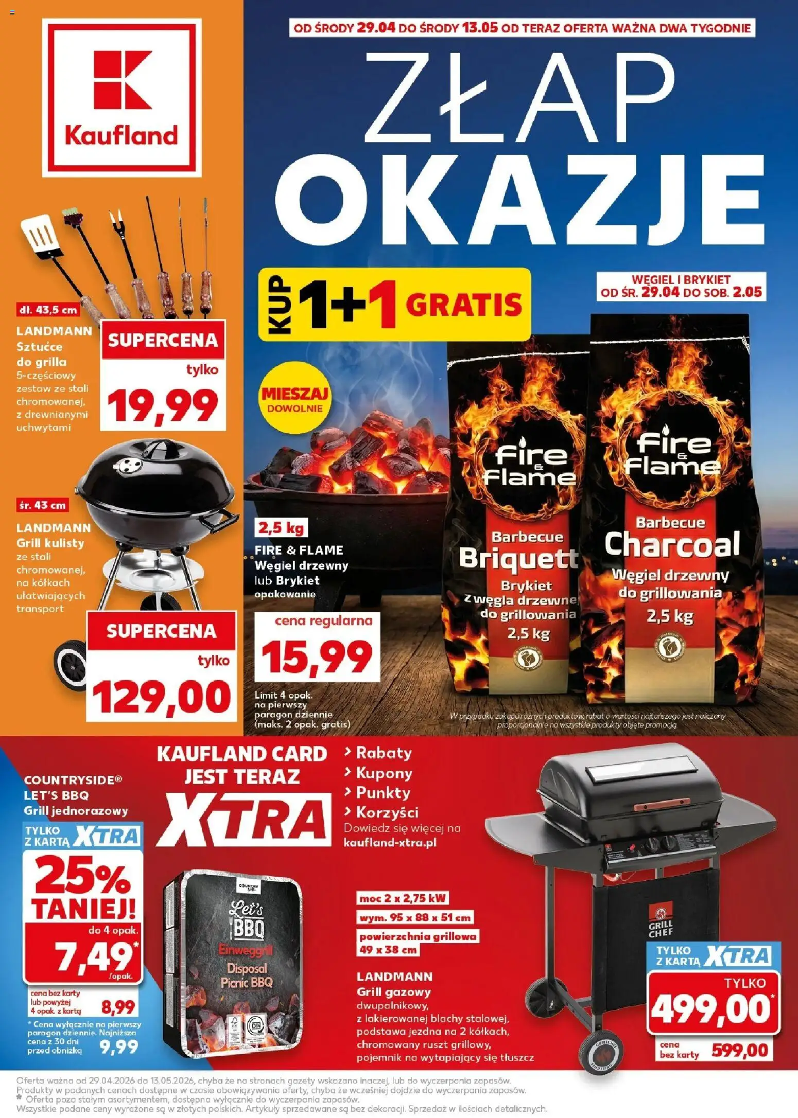 Pogląd gazetki "Kaufland gazetka - Złap Okazje" ze sklepu Kaufland ważnej od 29.04.2026 - Grill gazowy, Grill, Sztućce, Karta, Grill jednorazowy, Węgiel drzewny, Gazety, Ruszt