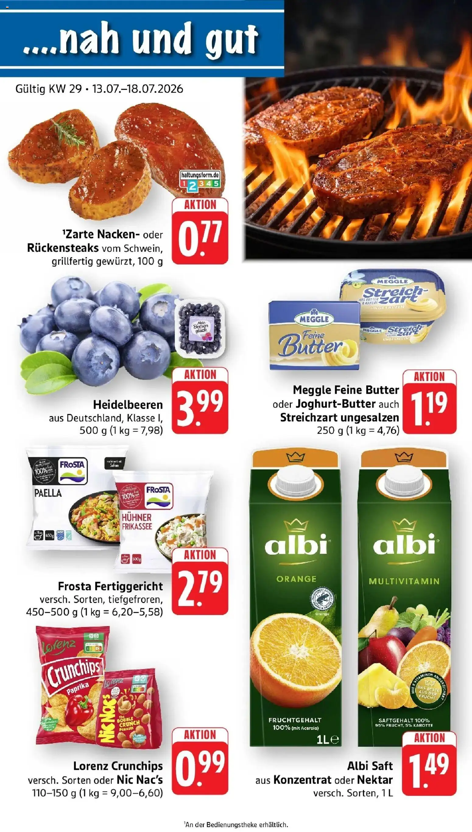 Vorschau von dem Prospekt des Geschäftes nah & gut, gültig ab dem 13.07.2026 - Butter, Heidelbeeren, Paprika, Frosta, Karotte, Saft, Meggle butter, Lorenz crunchips