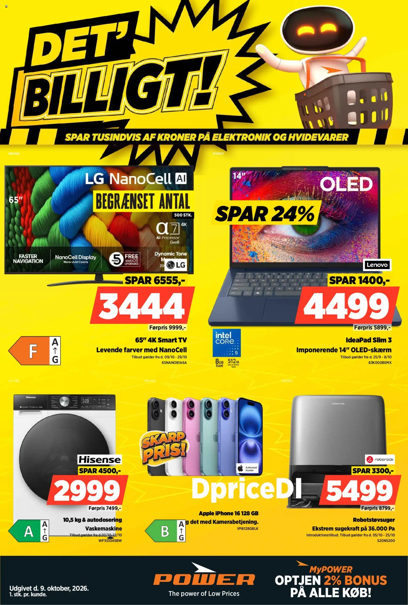 Eksempel på tilbudsavis Power - Tilbudsavis fra butik Power gyldig fra 09/10/2026 - TV, Vaskemaskine, Robotstøvsuger, Smart TV, Navigation, Processor