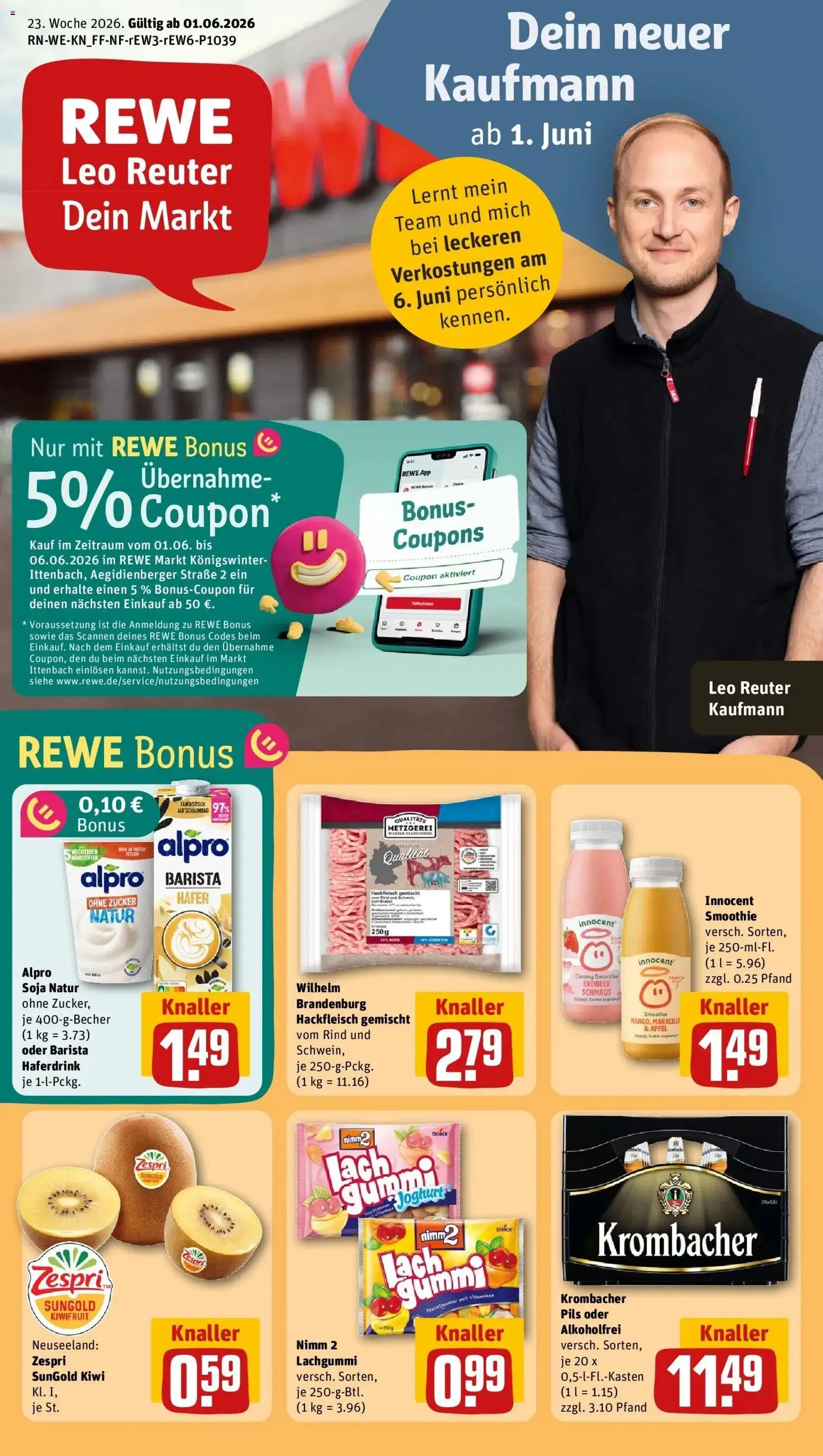 Vorschau von dem Prospekt des Geschäftes Rewe, gültig ab dem 01.06.2026 - Äpfel, Kiwi, Krombacher, Hackfleisch, Zucker, Alpro, Pils, Haferdrink