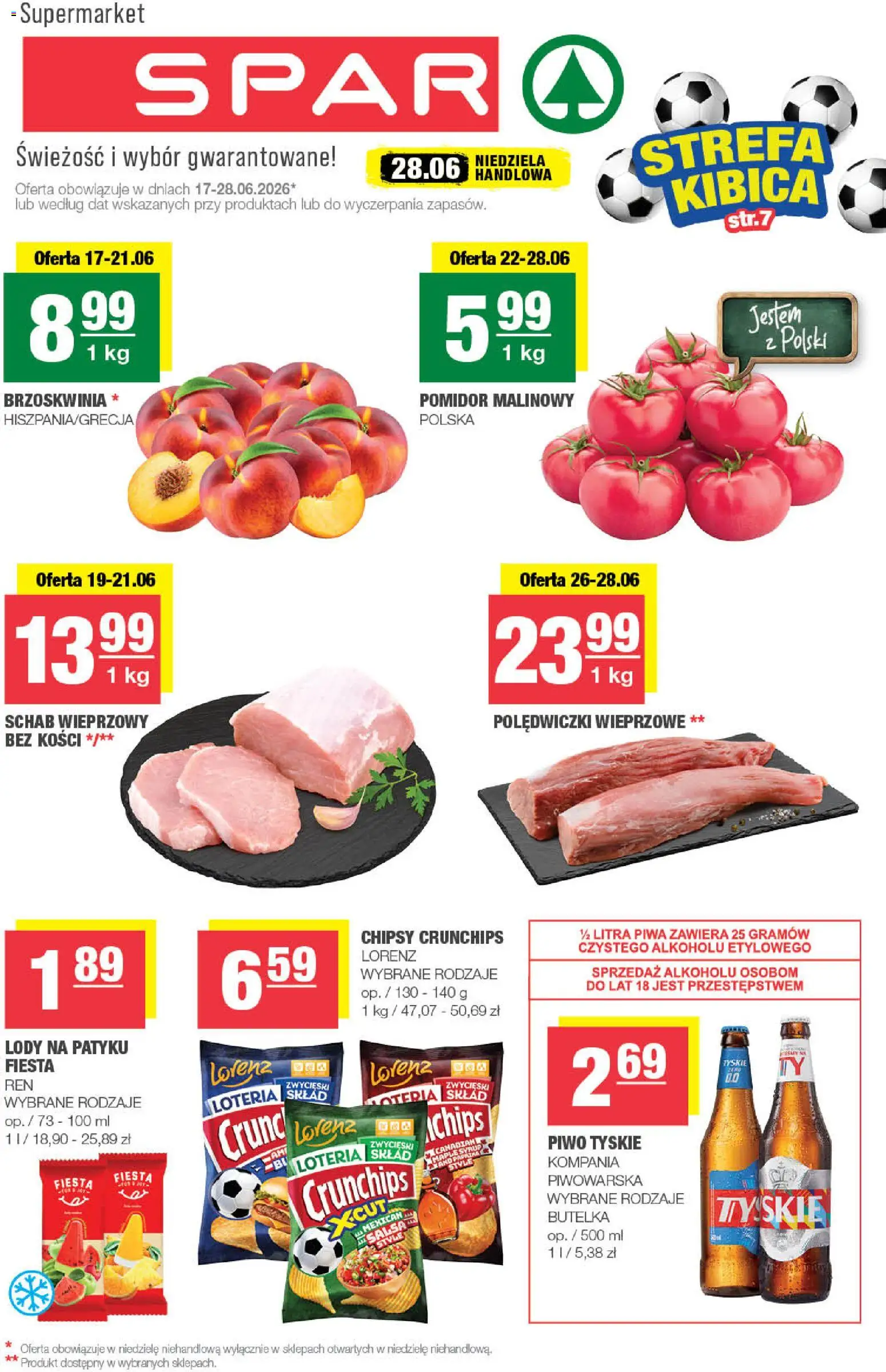 Pogląd gazetki "Spar gazetka" ze sklepu Spar ważnej od 17.06.2026 - Piwo, Chipsy, Pomidor, Brzoskwinia, Tyskie, Lody na patyku, Pomidor malinowy, Schab wieprzowy bez kości