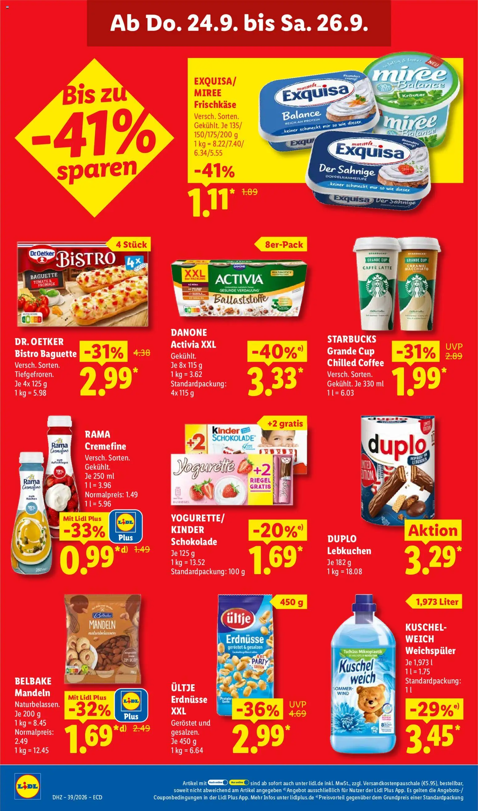 Vorschau von dem Prospekt des Geschäftes Lidl, gültig ab dem 21.09.2026 - Baguette, Erdnüsse, Rama cremefine, Activia, Exquisa, Kuschelweich, Frischkase, Danone activia
