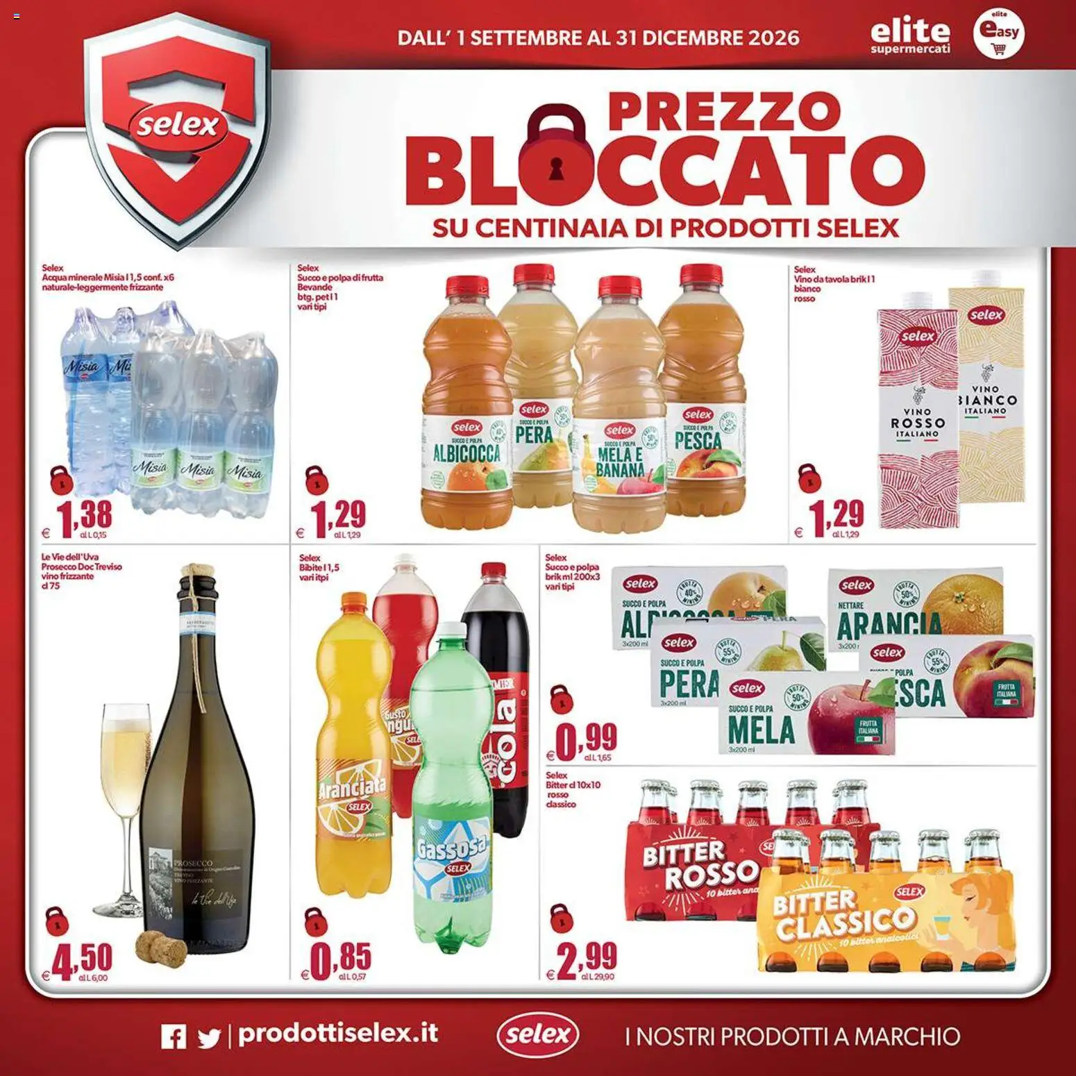 Anteprima dell'opuscolo Elite Supermercati volantino Spesa Difesa Selex dal negozio Elite Supermercati valido da 01/09/2026 - Acqua, The, Vino, Pesca, Acqua minerale, Pera, Succo, Bevande