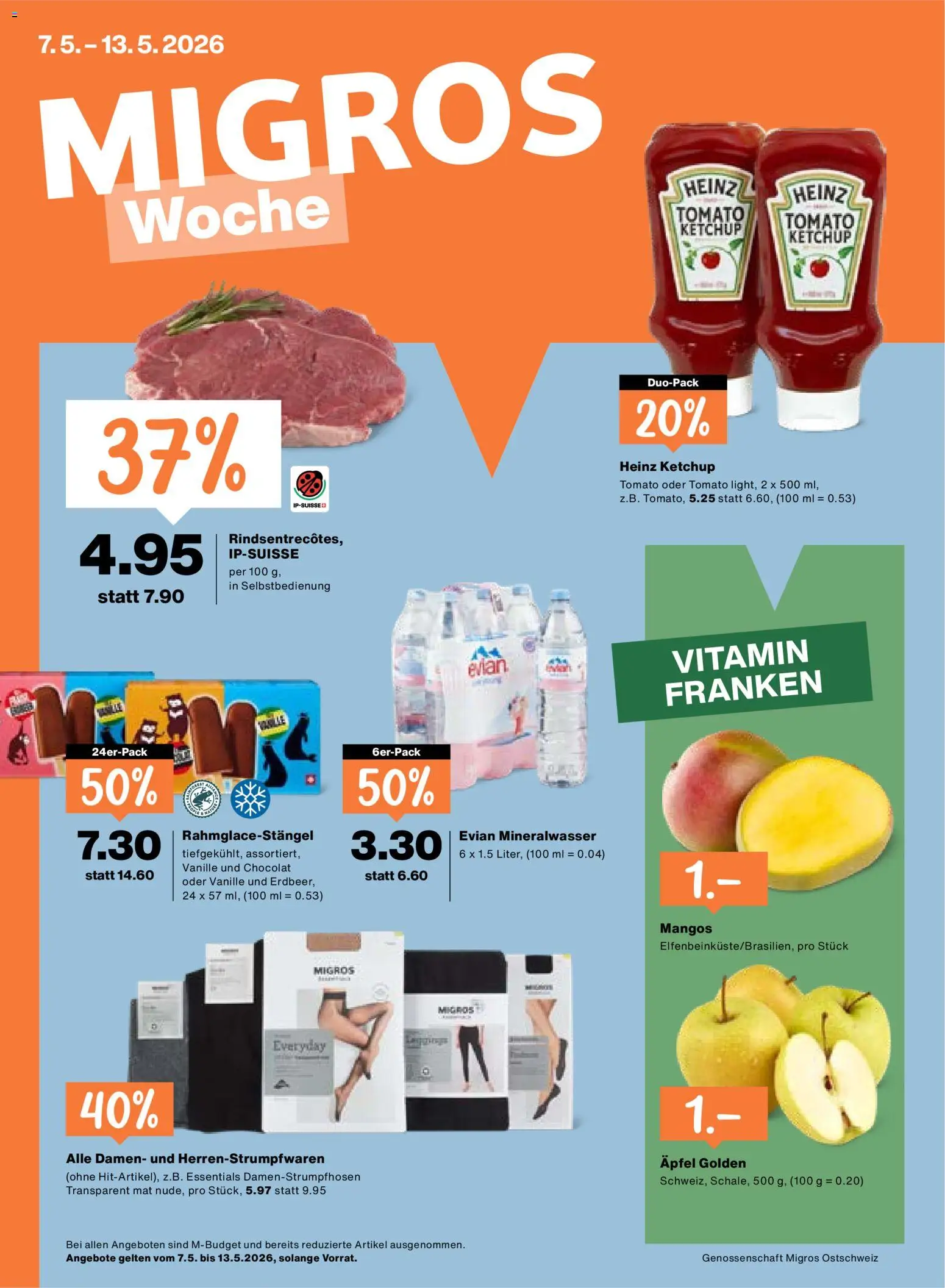 Vorschau des Merkblatts Migros aktionen vom Shop Migros gültig von 07.05.2026 bis 13.05.2026 - Mango, Äpfel, Vanille, Ketchup, Mineralwasser