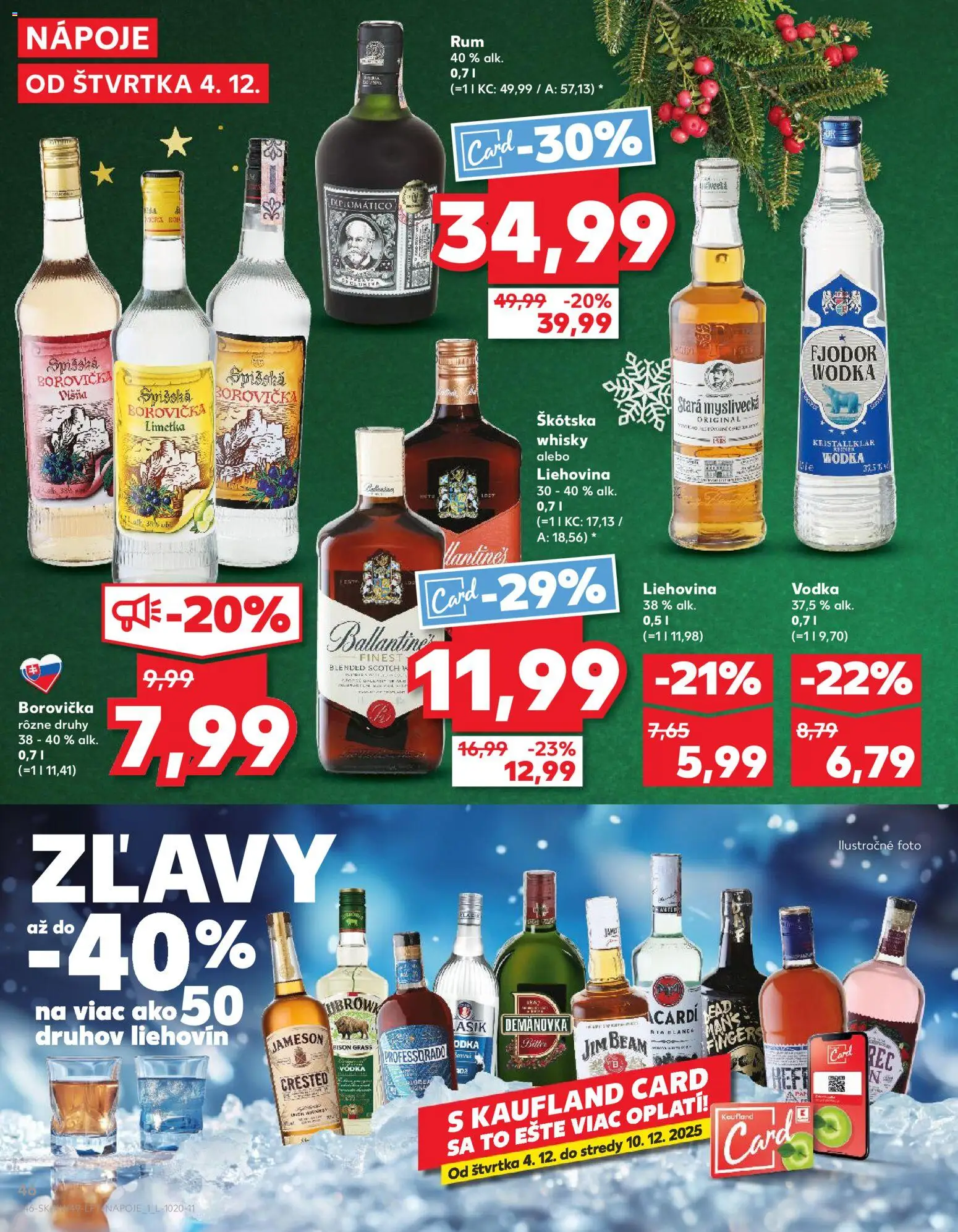 Náhľad Kaufland letáku platného od 04.12.2025 - Rum, Vodka, Diplomatico, Borovička, Whisky, Jim Beam, Limetka, Nápoje
