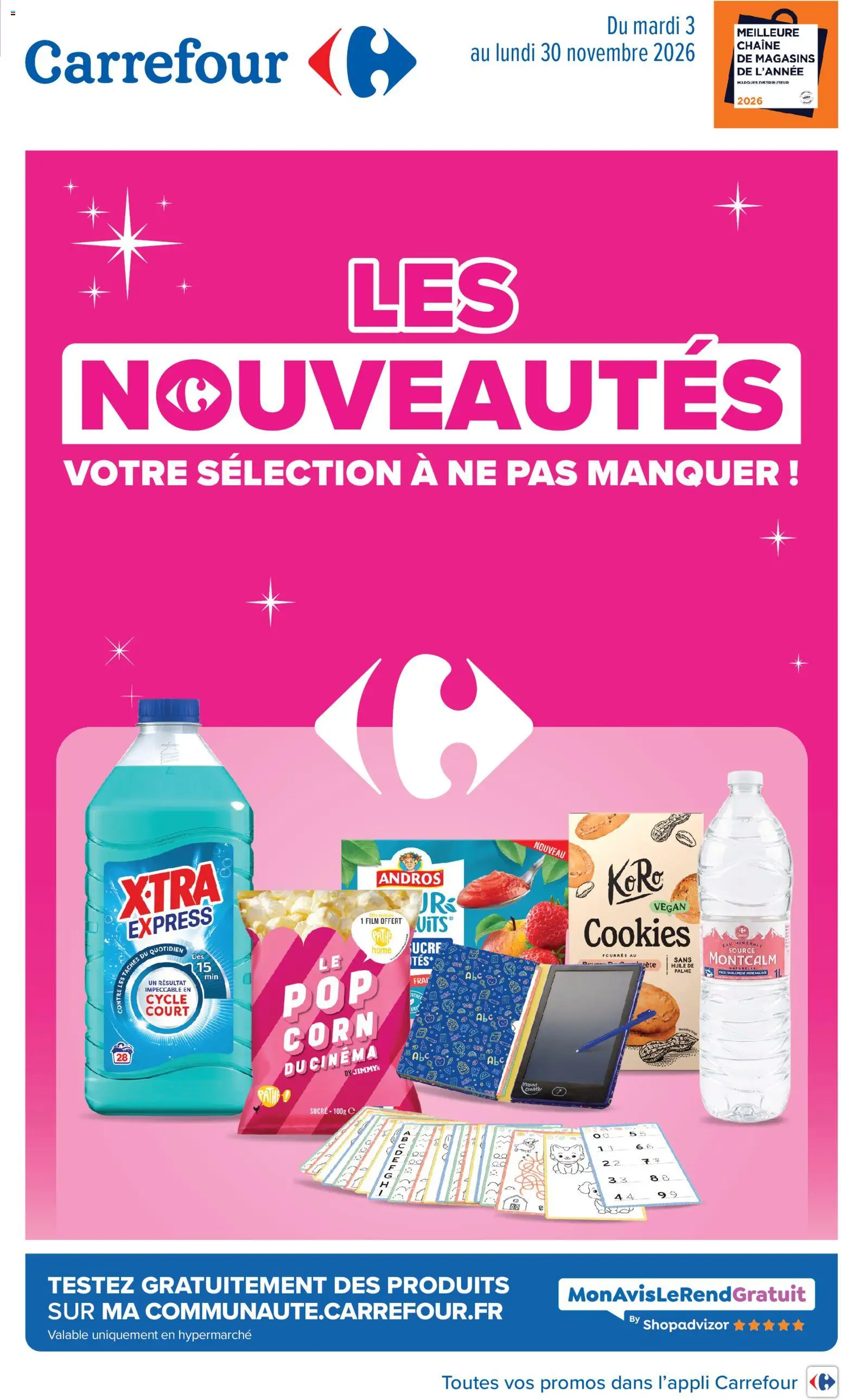 Prévisualisation de Carrefour Les nouveautés de novembre du magasin Carrefour formulaire valide 03/11/2026 - Cookies, Fruits, Popcorn, Sucre, Huile, Jus, Détergent, Eau minérale