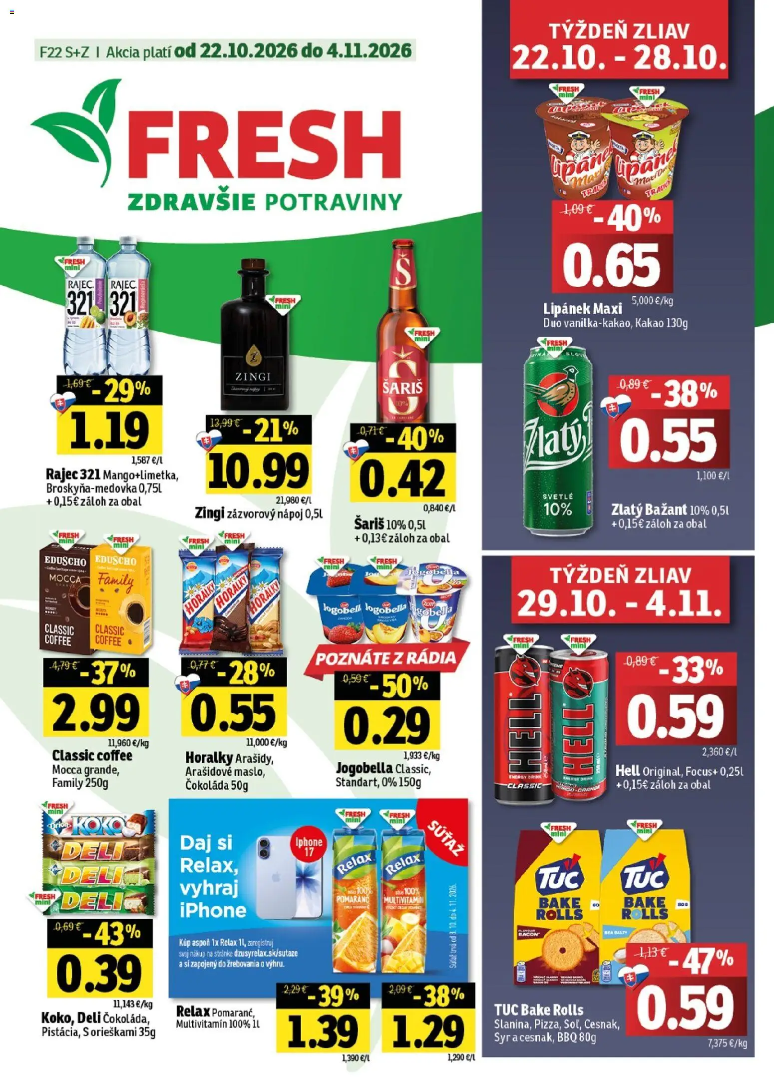 Náhľad Fresh letáku platného od 22.10.2026 - Mango, Rajec, Syr, Čokoláda, Kakao, Multivitamín, Šariš, Zlatý Bažant