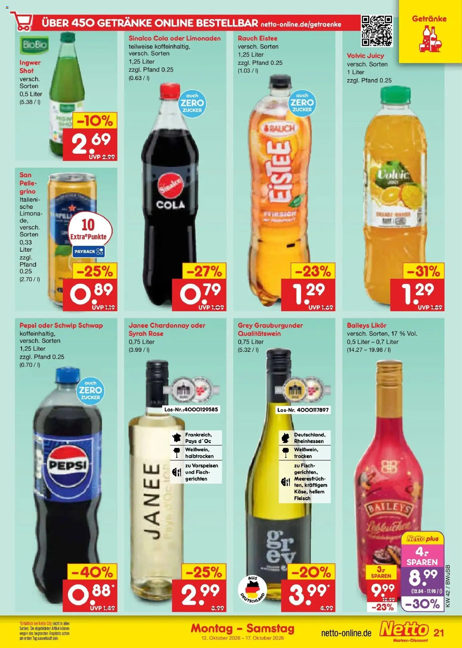 Vorschau von dem Prospekt des Geschäftes Netto Marken-Discount, gültig ab dem 12.10.2026 - Fisch, Baileys, Fleisch, Zucker, Pepsi, Volvic, Sinalco, Schwip schwap