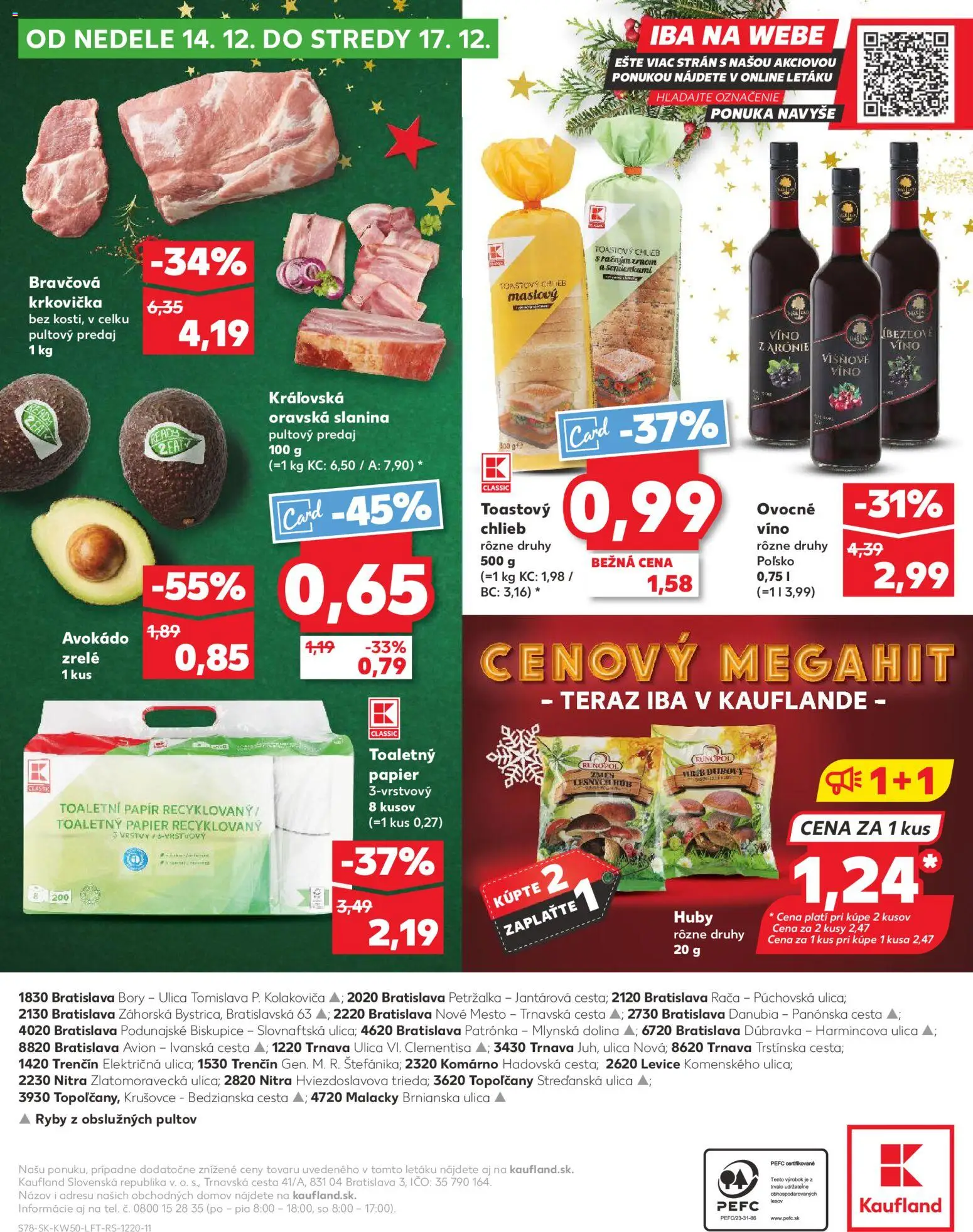 Náhľad Kaufland letáku platného od 11.12.2025 - Víno, Avokádo, Ryby, Chlieb, Toaletný papier, Krkovička, Slanina, Bravčová krkovička